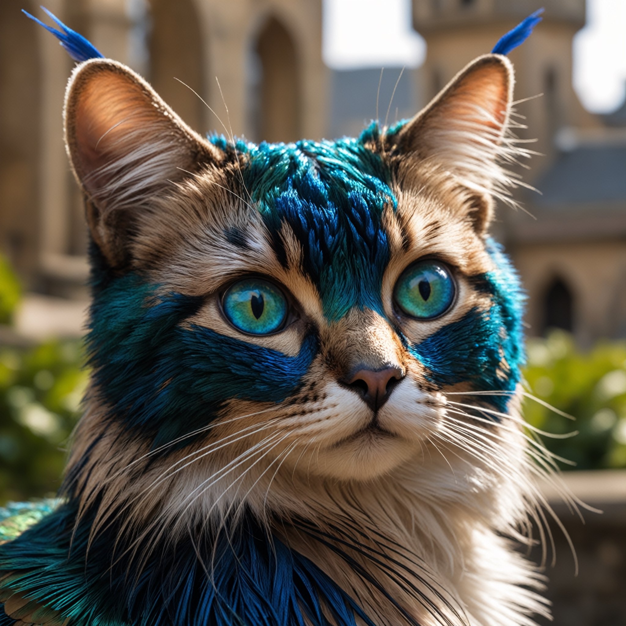 Detailed  closeup photo, of a peacock cat, peacock feathers, detailed eyes, natural light, castle gardens background  