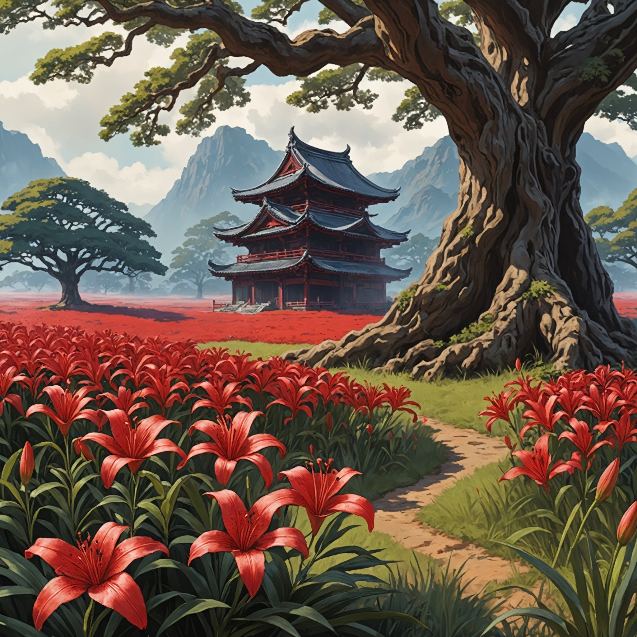 closeup anime artwork of an red red lily field near a  and a giant old oak tree, samurai is leaning on the tree
