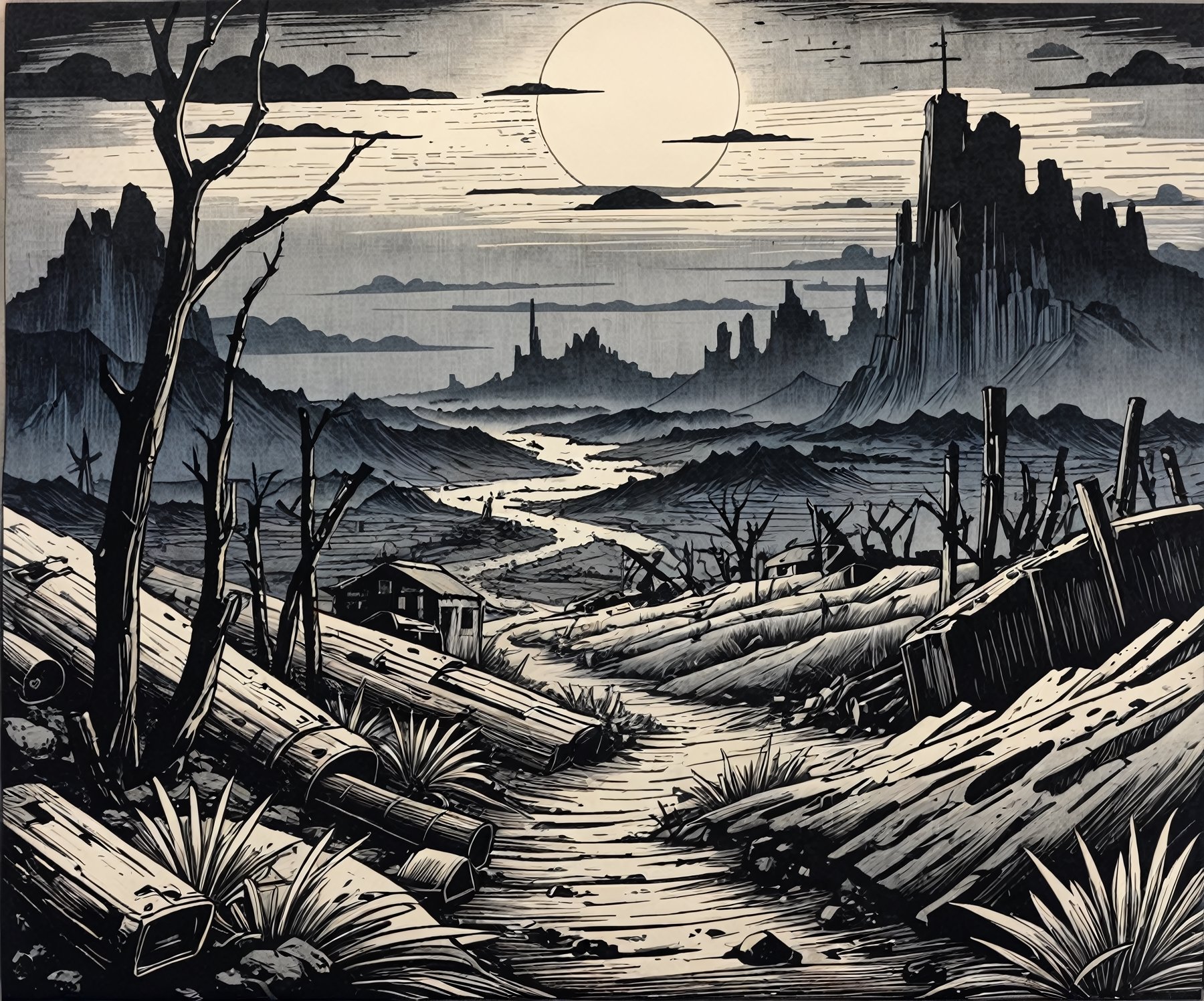 ukyoe woodblock drawing of an post apocalyptic landscape after ww3