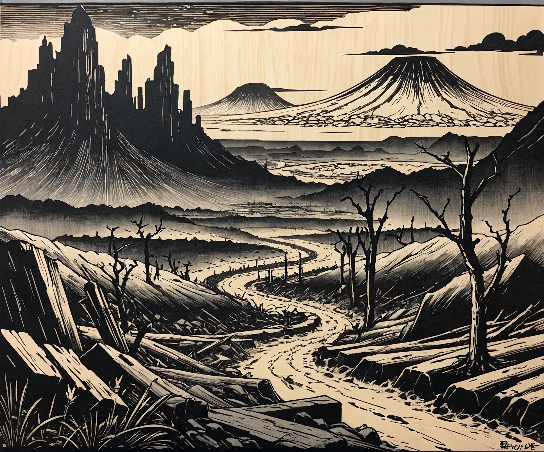 ukyoe woodblock drawing of an post apocalyptic landscape after ww3