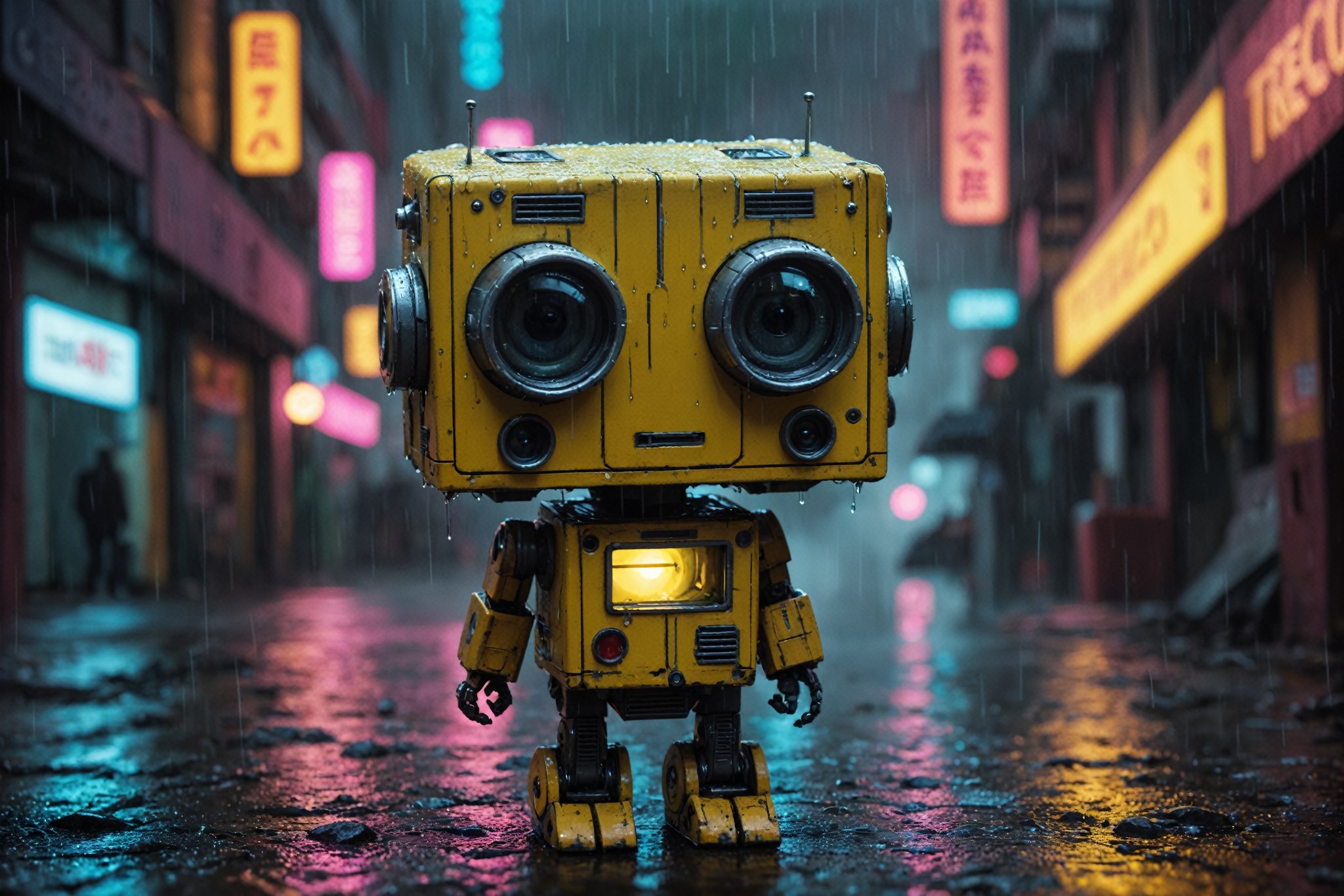 Small robot, cute robot, rectangular body, treaded wheels, compact head, expressive binocular-like eyes, sad and curious appearance, heartbreaking, cute, heavy rain, very sad, lonely, lost place, cyberpunk, desaturated, vibrant colors, dramatic lighting, desaturated background, bokeh, dark theme, soothing tones, depth of field, dramatic backlighting, film grain