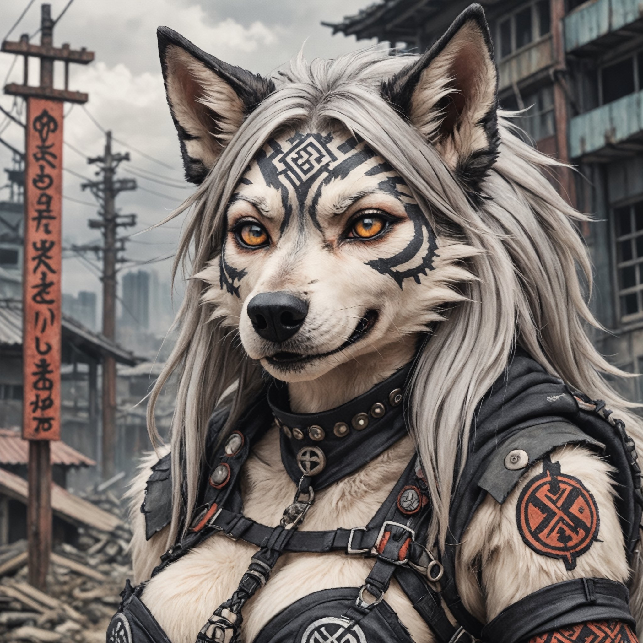 closeup  ukiyo-e, of loona hellhound , wearing post apocalyptic outfit  postapocalyptic background ,Ukiyo-e, knotwork, runes, Loona