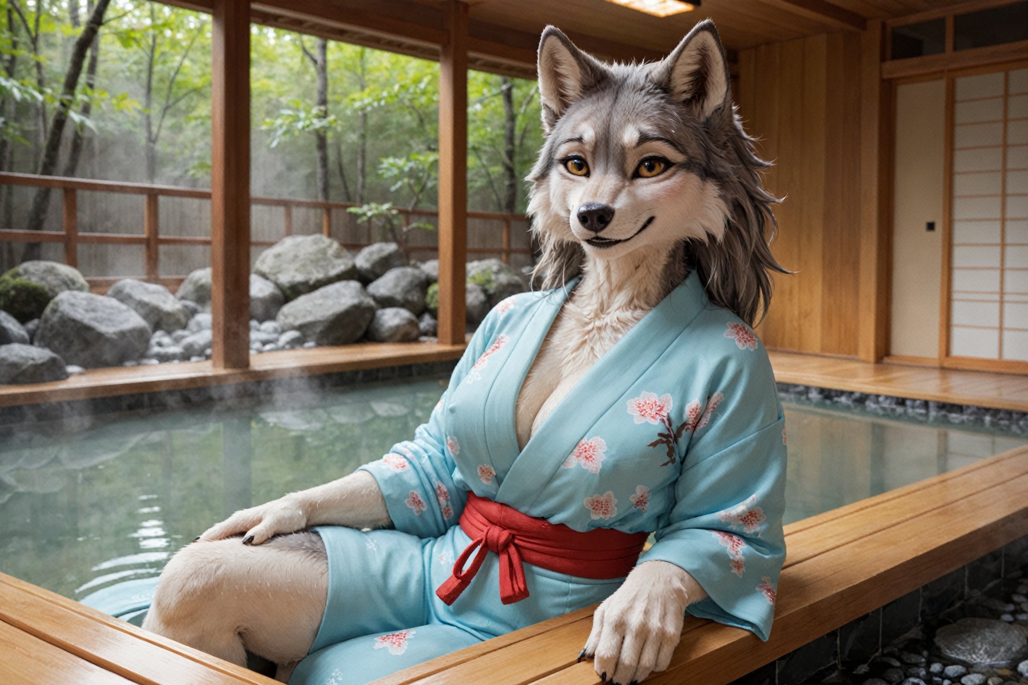 photo, anthro wolf in japanese onsen , detailed realistic fur, medium breast, wearing a kimono, natural light, smiling