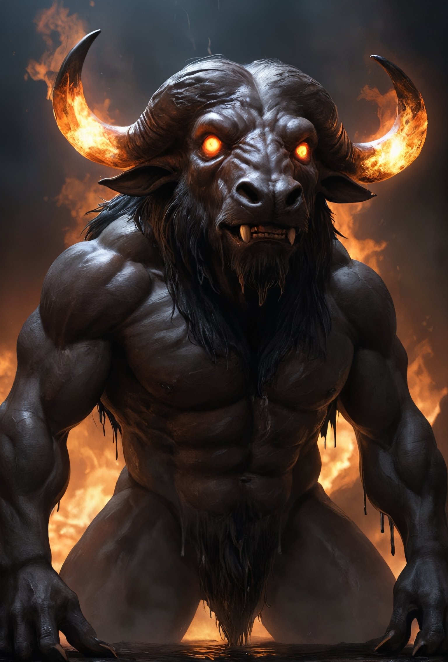  Shadow was in a dark place, and the thing staring at him wore a buffalo's head, rsnk and furry with huge wet eyes. Its body was a man's body, oiled and slick.((Theriocephaly)), FLAMES IN MOUTH, LIQUID MARBLE EYES,  ,darkart