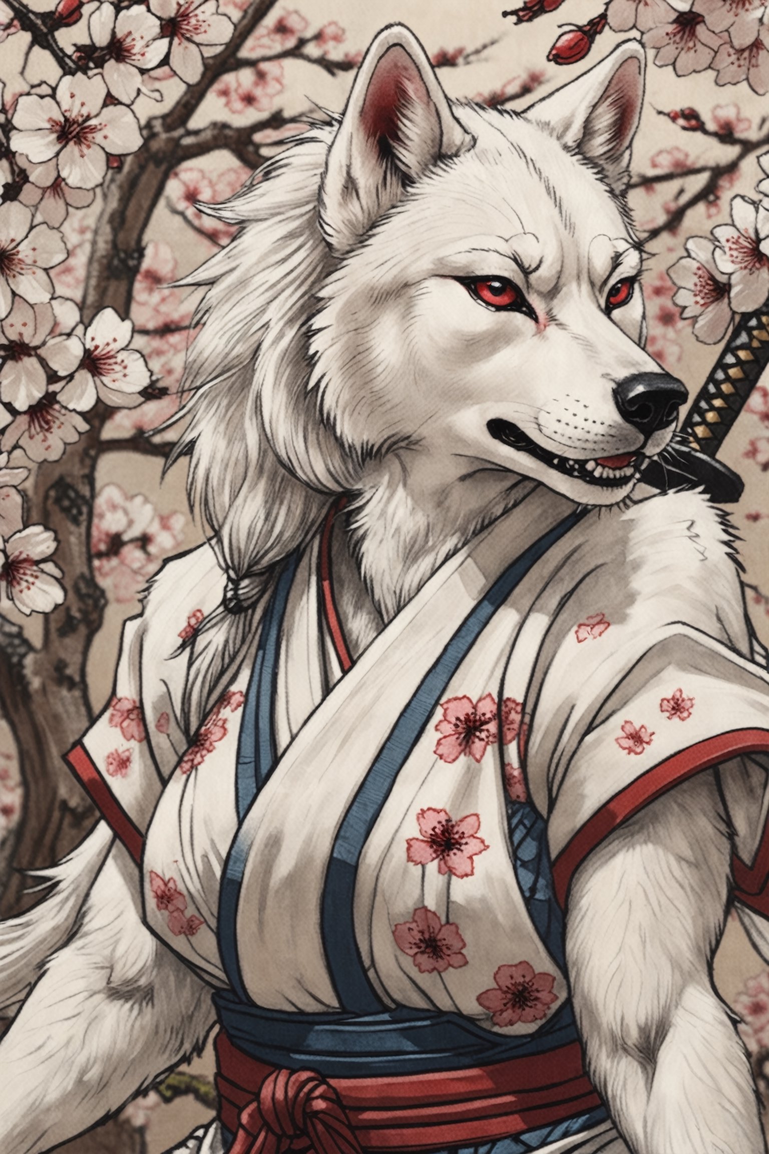 Detailed  closeup ukiyo-e artwork , of an white wolf female,samurai, Cherry Blossoms, epic pose ,Ukiyo-e,anthro,photo