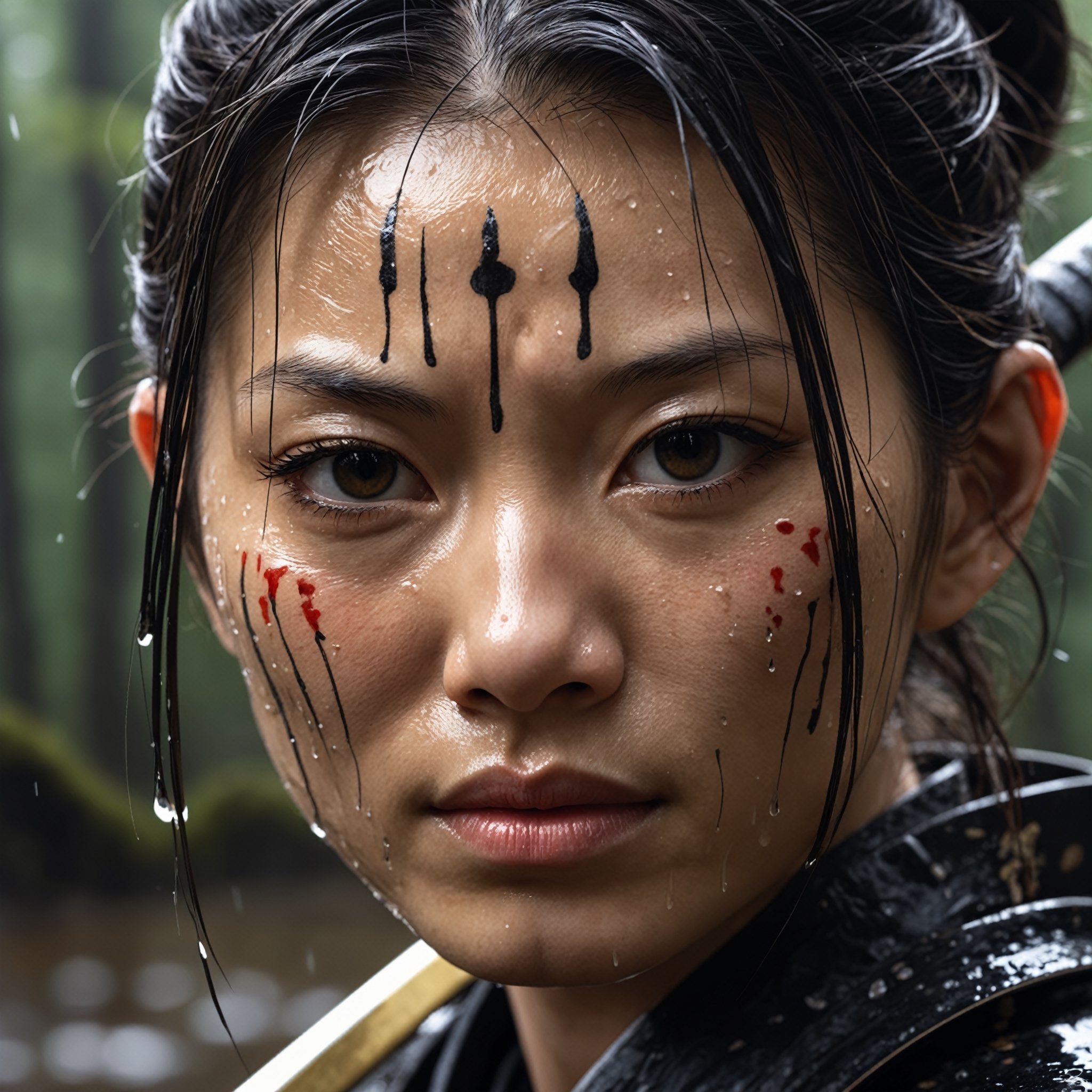 Closeup face photo of a samurai woman, detailed katana,reflecting puddles, forest background, natural light 