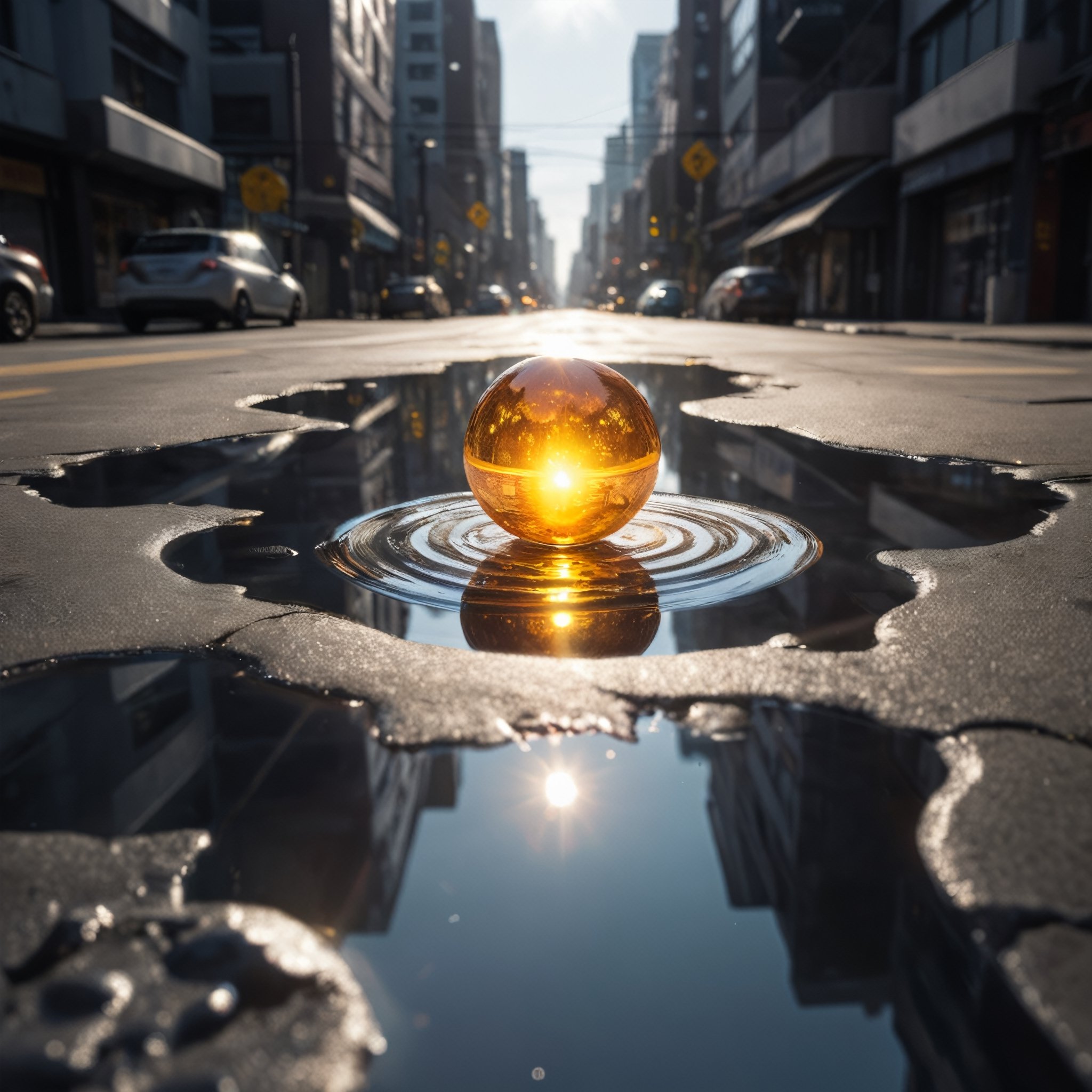 Detailed   photo of a mini sun floating  in the air ,in a cyberpunk city, natural light, reflective puddles 