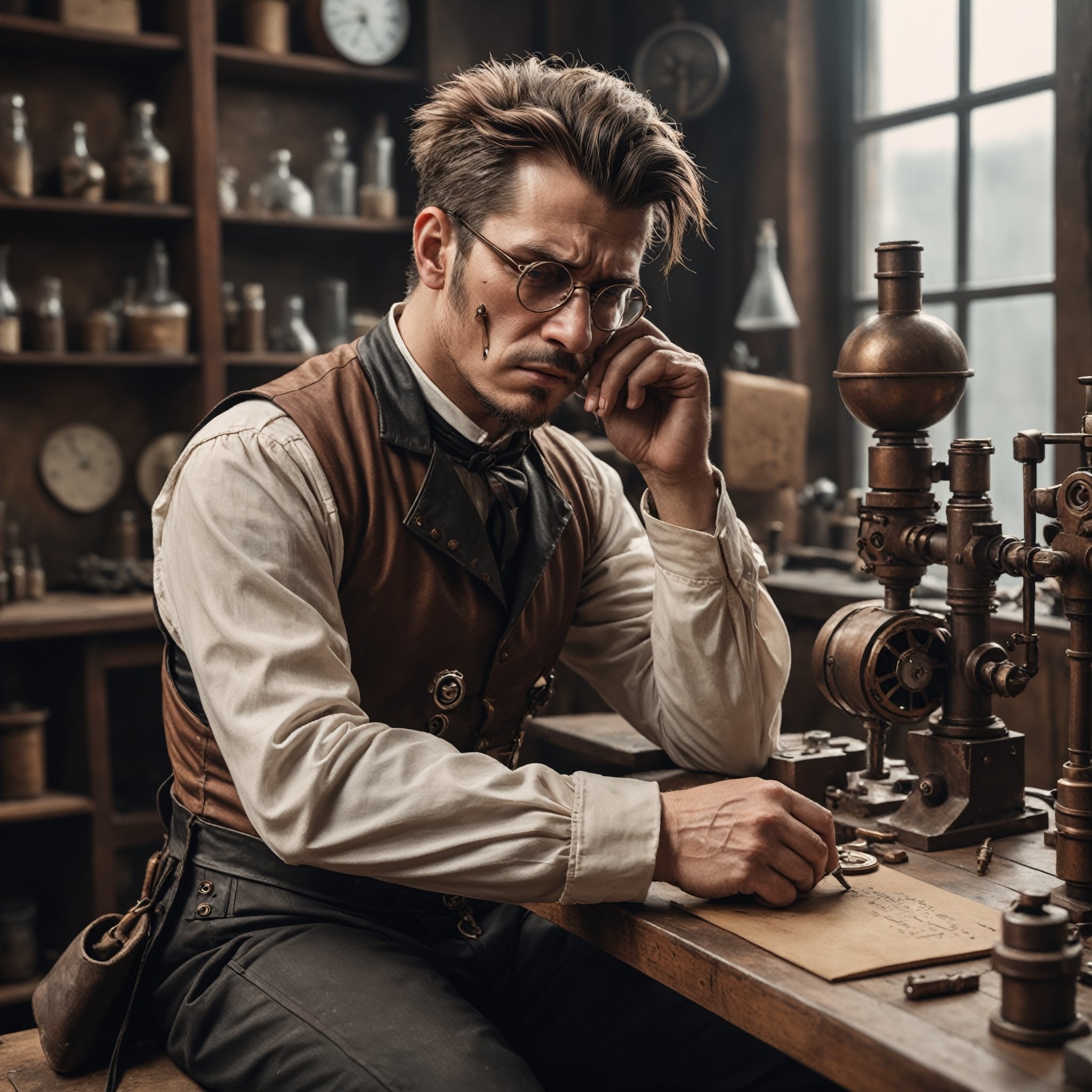 Detailed photo of a sad and crying steampunk man engineer, in his laboratory, sitting on a working bench, natural light 