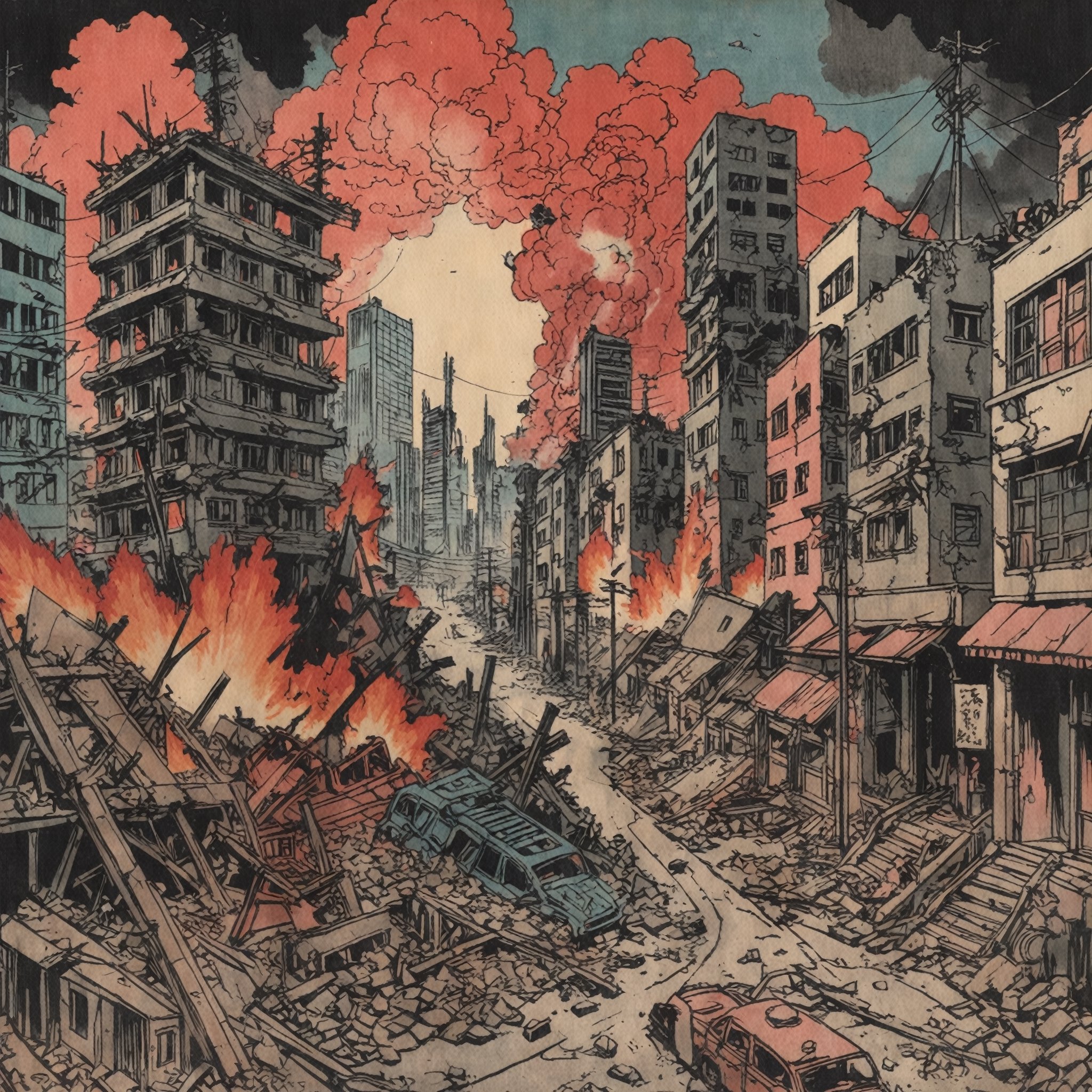 Colourful ukiyoe of a destroyed City after an atomic blast, post apocalyptic vibes, detailed,Ukiyo-e