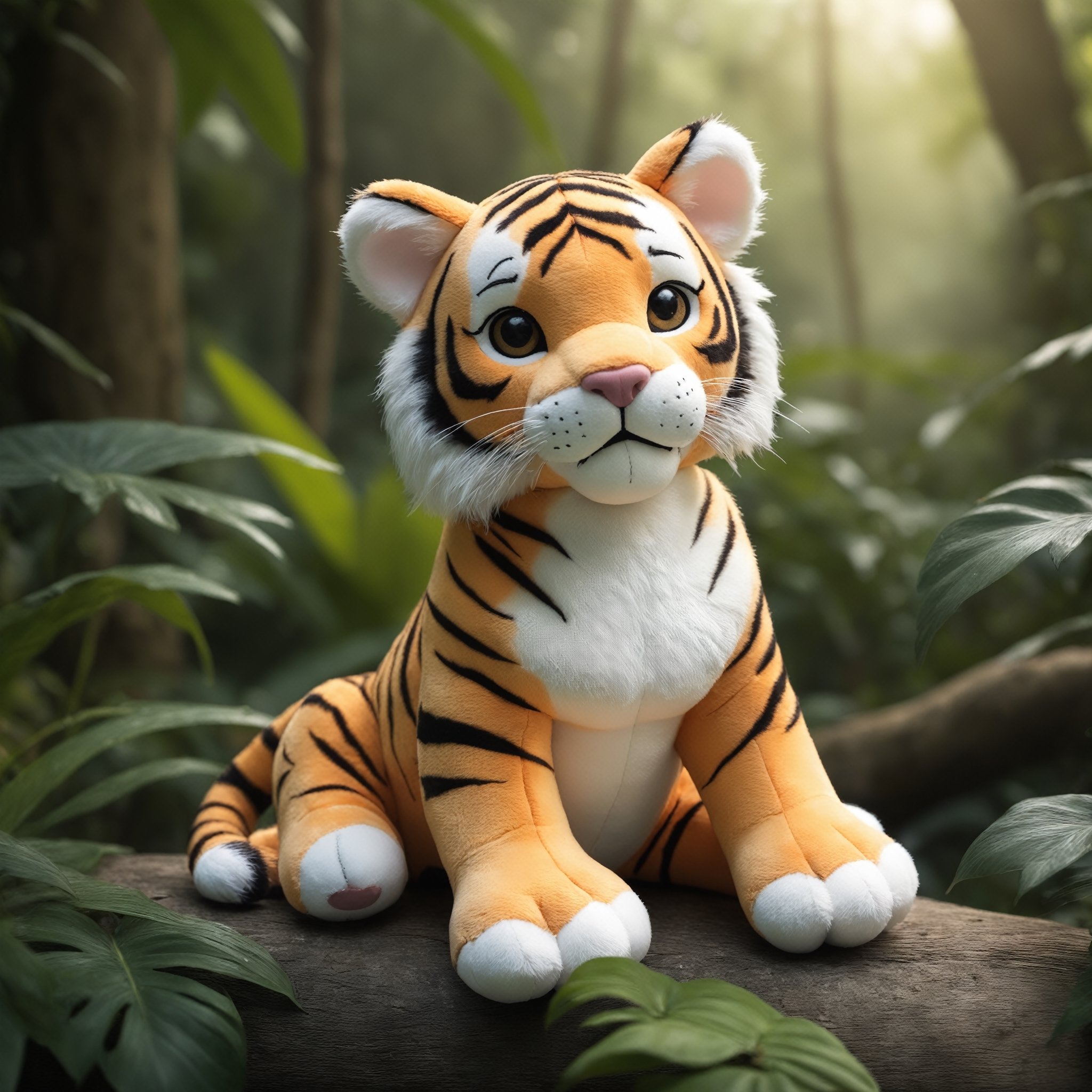 Detailed , photo, tiger plushie, natural light , jungle background 