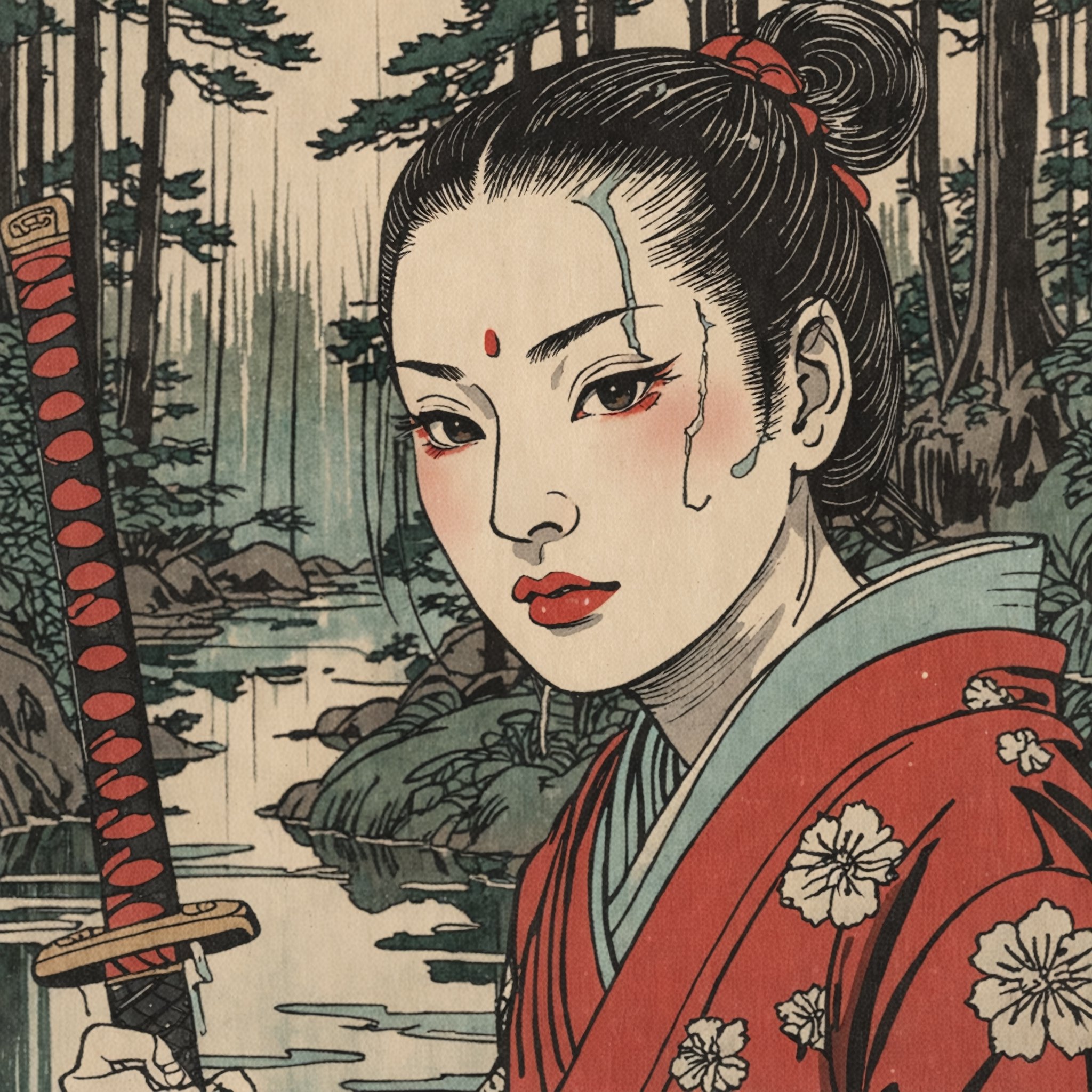 Closeup face ukyoe of a samurai woman, detailed katana,reflecting puddles, forest background, natural light ,Ukiyo-e