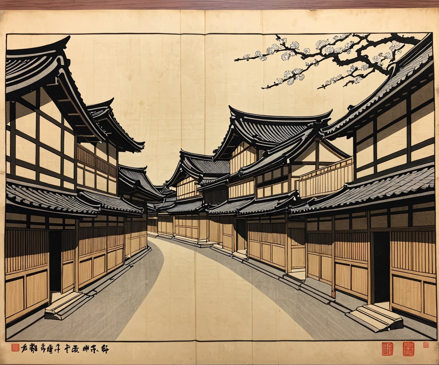 ukyoe woodblock drawing of an bussy japanese feudal edo city marked