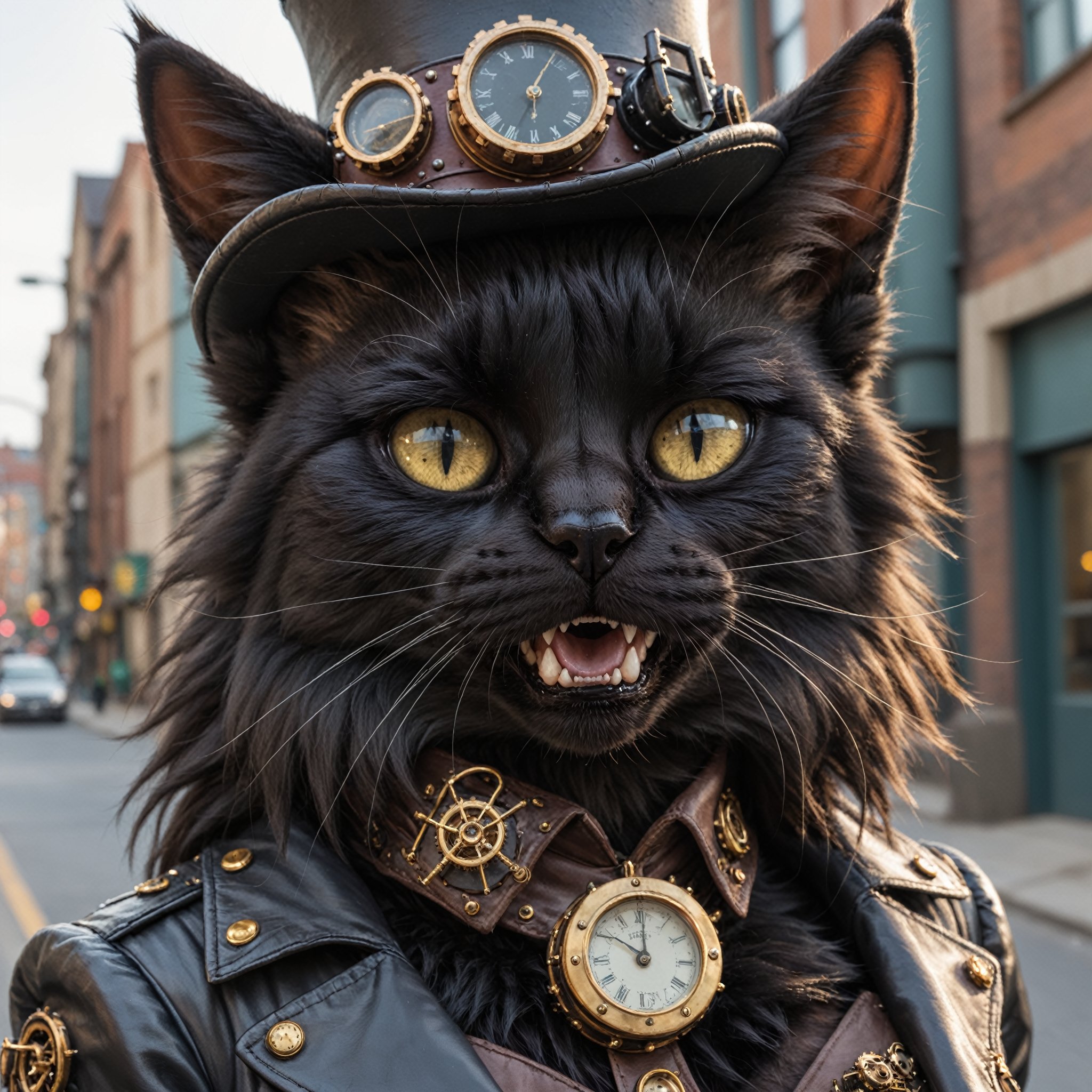 Closeup Photo of an,cat, realistic black fluffy fur, detailed fangs, wearing steampunk outfit, steampunk city, natural light