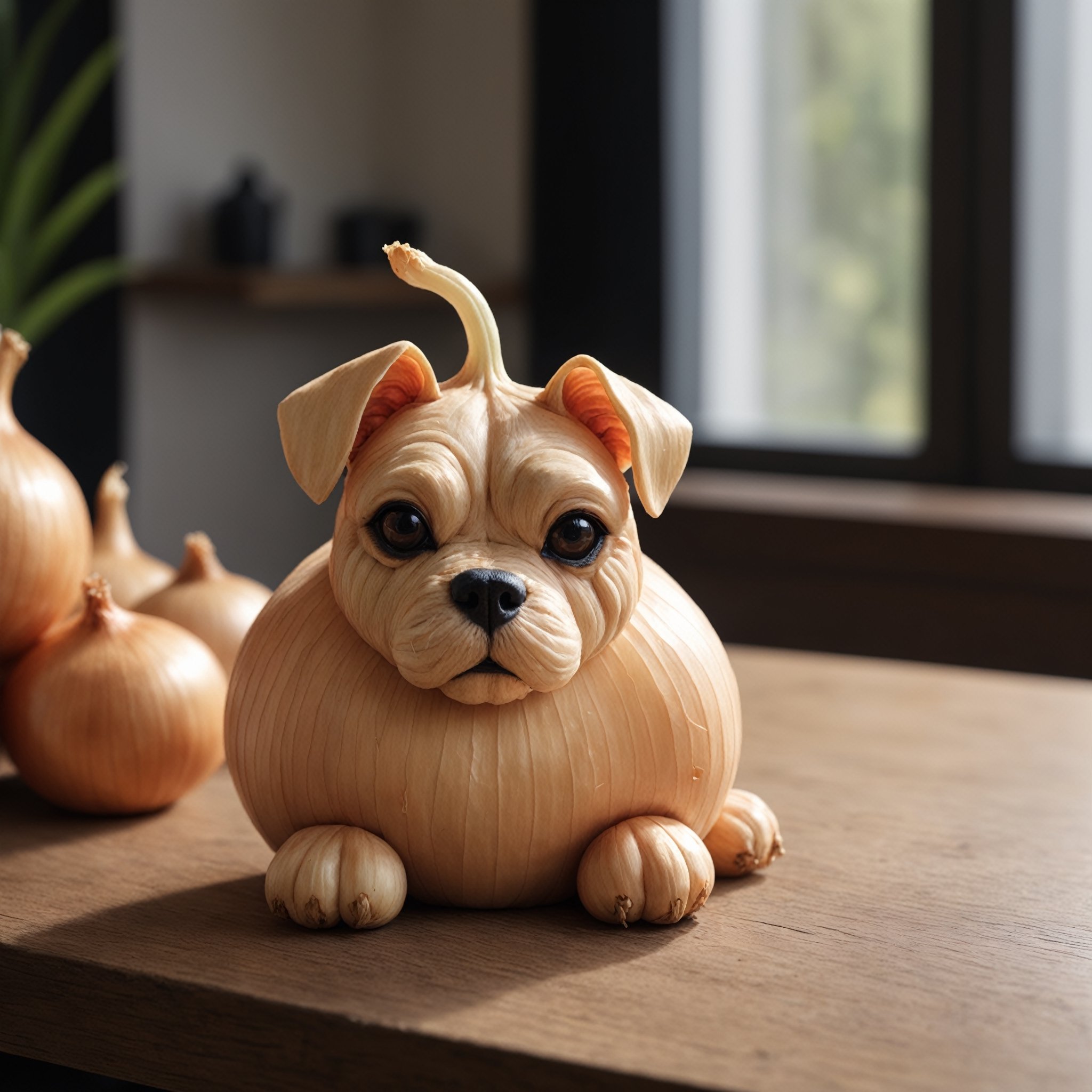 Detailed  closeup photo of a onion shaped like a dog, sitting on a table,natural light