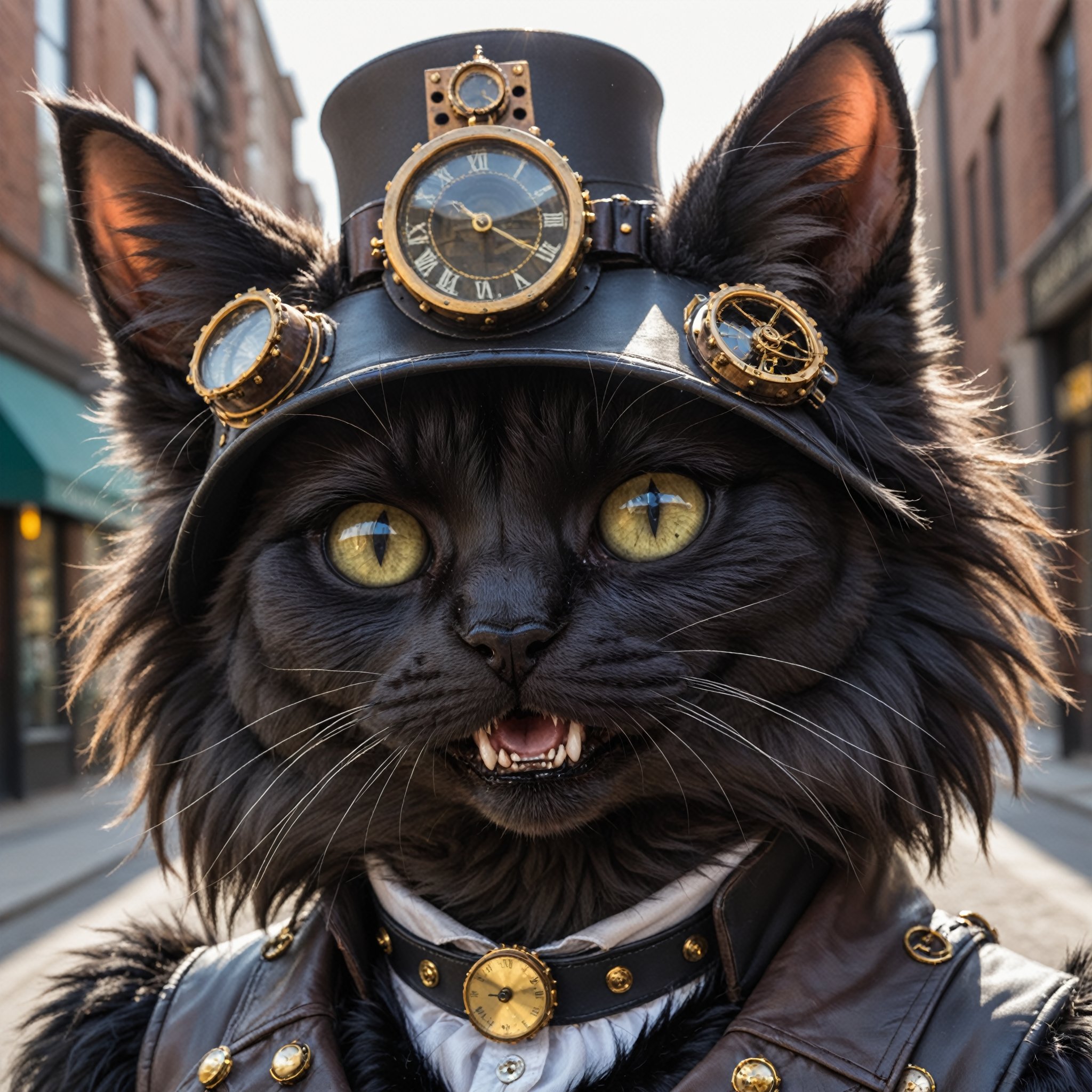 Closeup Photo of an,cat, realistic black fluffy fur, detailed fangs, wearing steampunk outfit, steampunk city, natural light