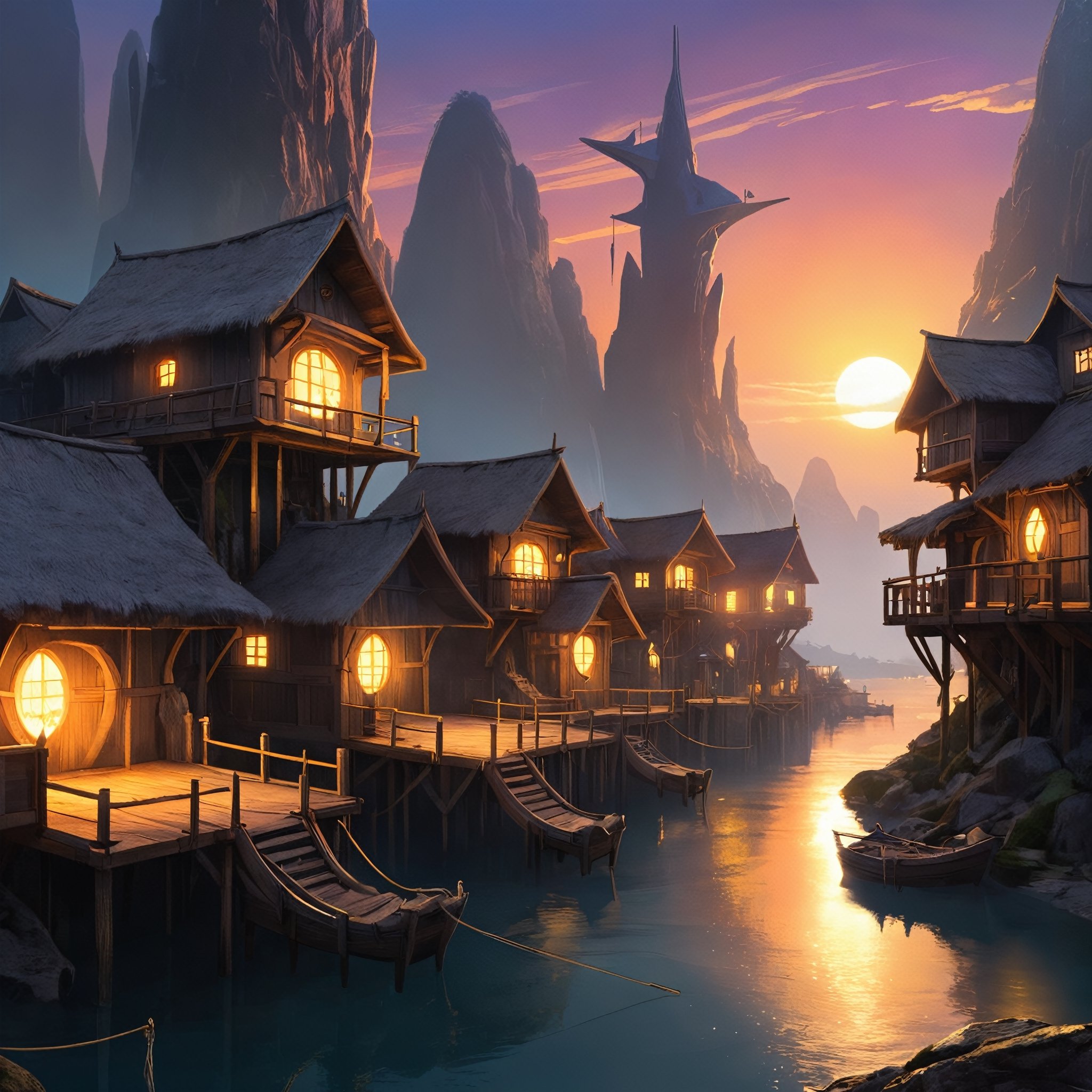 Closeup Artwork of a futuristic fantasy Fisher village , epic sunrise, epic lights