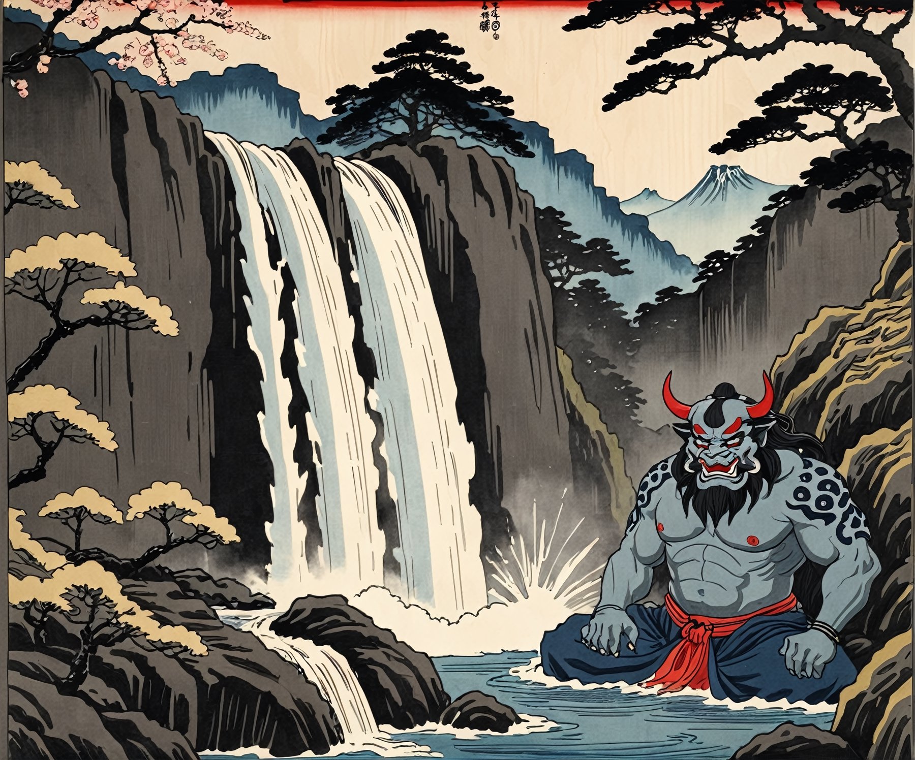 ukyoe woodblock drawing of an oni near a waterfall near cherrytrees