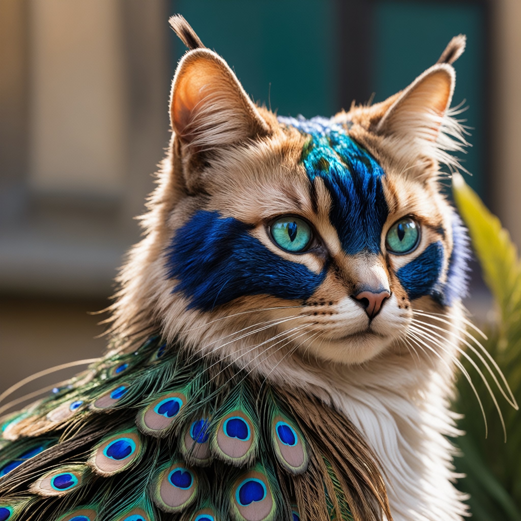 Detailed  closeup photo, of a peacock cat, peacock feathers, detailed eyes, natural light, castle gardens background  