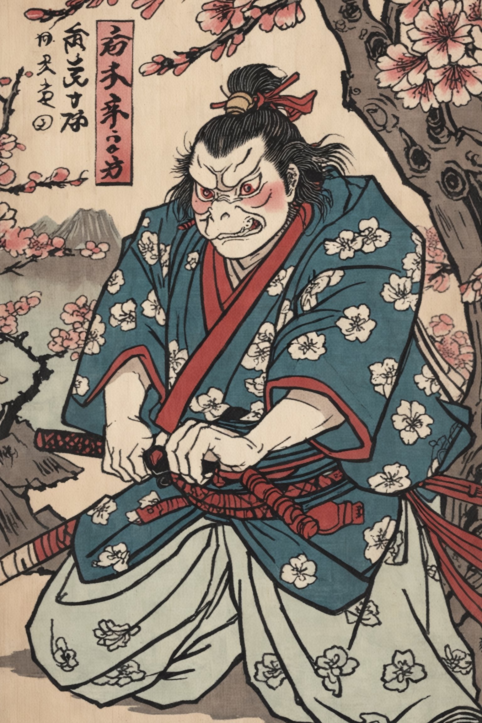 Detailed  closeup ukiyo-e artwork , of an Kappa  yokai samurai, Cherry Blossoms, epic pose ,Ukiyo-e,anthro