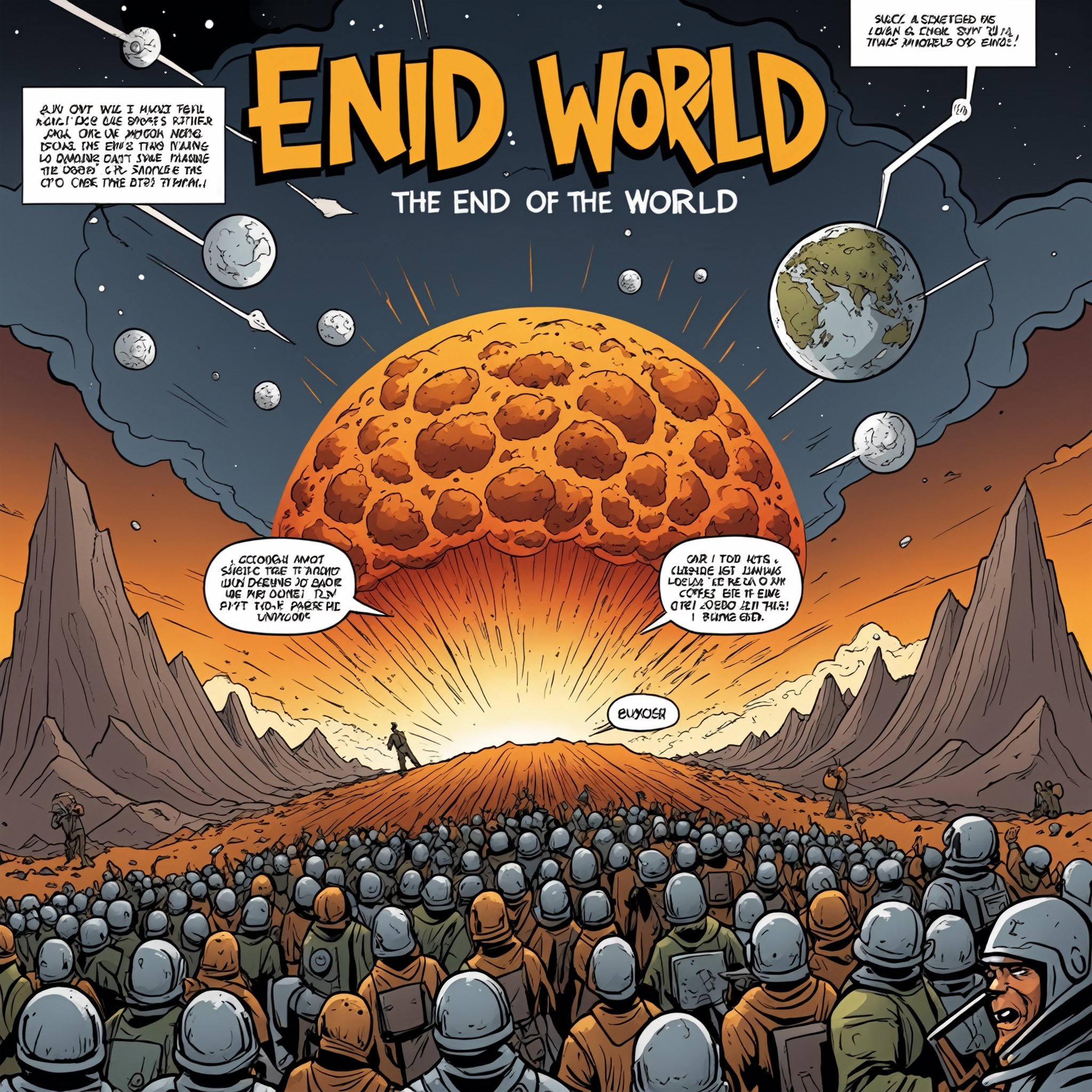  comic style, illustration,  comic writing about the end of the world  , (detailed  english text)
