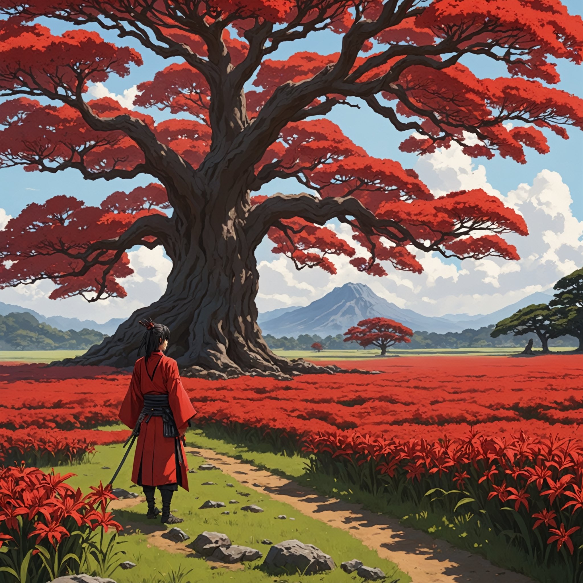 anime artwork of an red red lily field near a tompstone and a giant old oak tree, samurai is leaning on the tree
