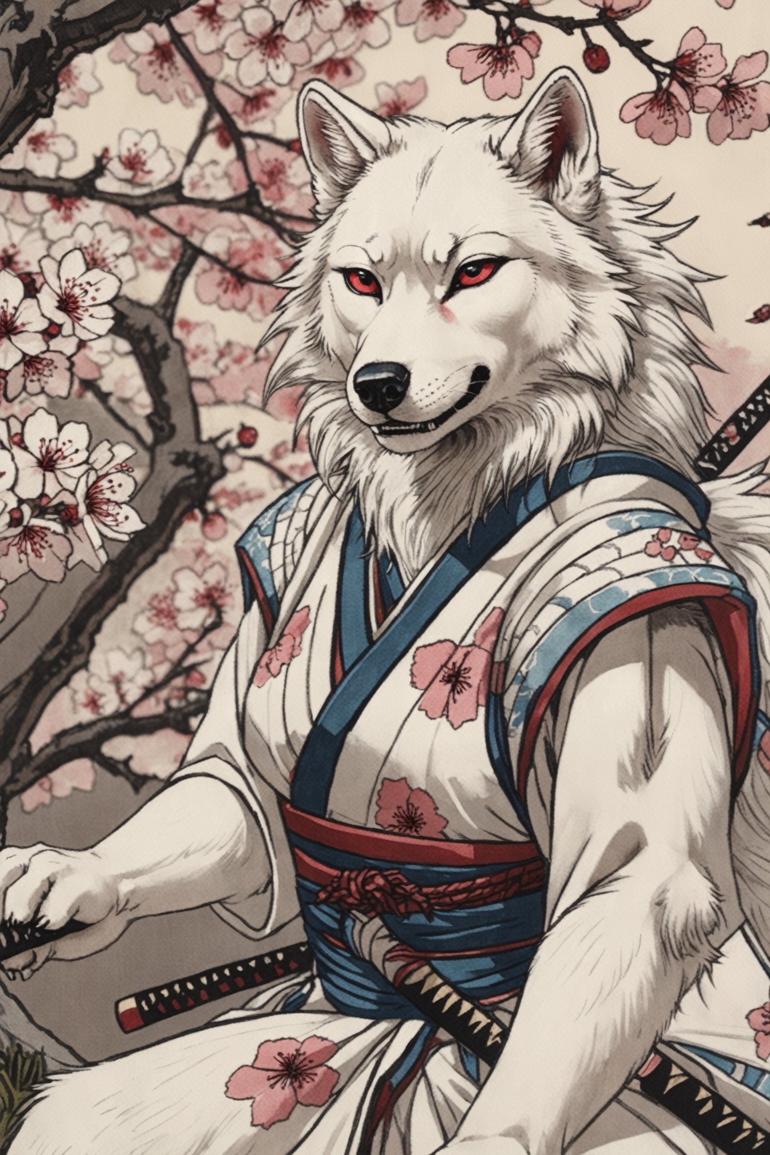 Detailed  closeup ukiyo-e artwork , of an white wolf female,samurai, Cherry Blossoms, epic pose ,Ukiyo-e,anthro,photo