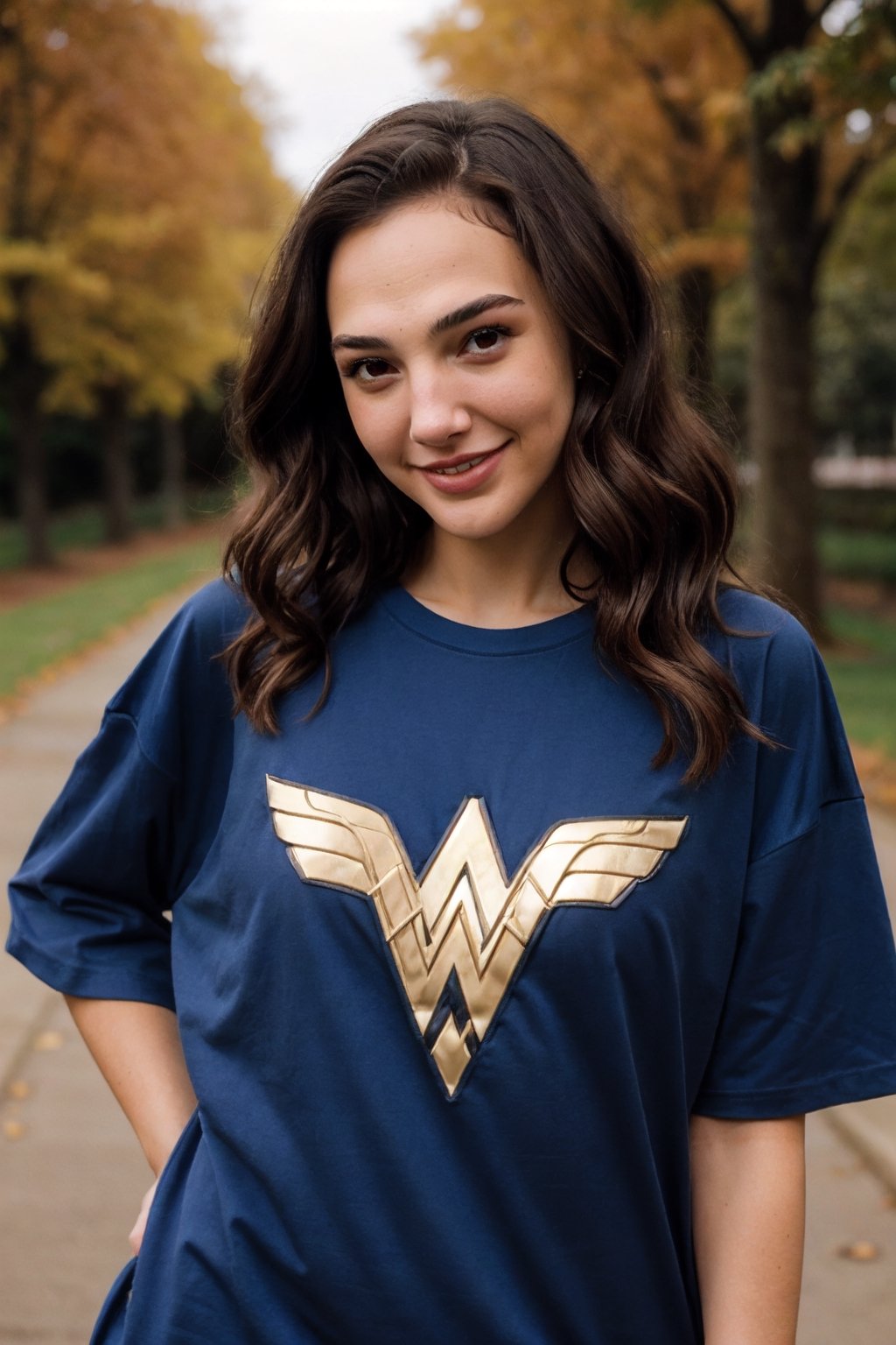 teen gal gadot, xxmix_girl, graininess, smile, cold, exposure, FilmGirl, 18_year_old, beautiful_girl, girl in oversize t-shirt custume, The t-shirt has the wonder woman logo, realhands, curly_hair, brown_hair,L inkGirl, 1 girl