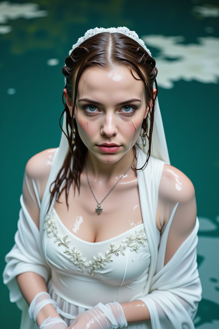 (Wet clothes,  wet hair,  wet skin:1.2) .

a medium-angle shot captures a woman in a white communion  dress with wet embroidery shawl, adorned with a cross necklace and earrings. The woman's wet dress is adorned with white gloves, adding a touch of touch to her outfit. Her wet hair is pulled back, cascading over her shoulders, framing her face. Her eyes are a deep blue, and her lips are pursed. The backdrop is a deep, blue-green, with a few white clouds floating in the water.

nt.,Wet,covered in oil,covered in mud,wam,wet clothes,pouring oil,wetlook,pouring oil,Fetishwet,Enhanced all,Wetfetish