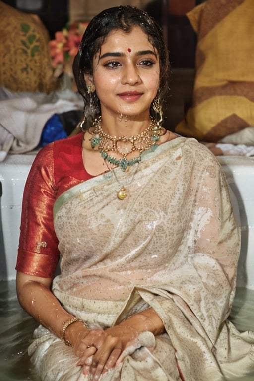 a woman in a sari with a necklace on her neck, a character portrait by Manjit Bawa, behance contest winner, bengal school of art, smile, happy, studio portrait, maximalist, studio photography,
, featured on instagram, samikshavad, elegant, rich color palette, 1920s

  ((wet clothes, wet hair, bathing in water, face focused, skin pores, long sleeve blouse, saree , detail face, )),wet hair,girl wearing indian saree,aliabhatt,SoakingWetClothes