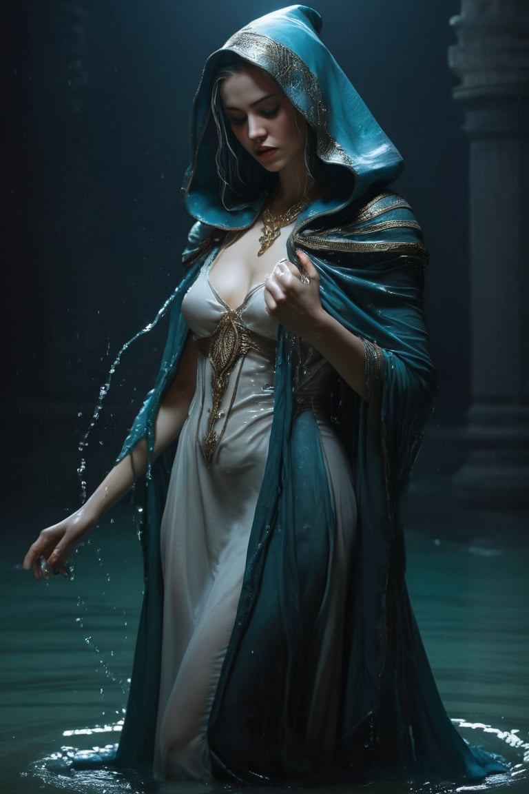 3D artwork, upper body shot represesenting a female young caracter. High elven hat shaped as a white seashell, mantle, shining silver jewels. (Majestic pose:1.4), (hieratic expression:1.6), emerging from the darkness in the style of Rembrandt. The caracter wears a white and (teal:0.8) large luxury dress. The character is illuminated from the side by a dark golden light. Marine vibes. Vibrant colors. The background is a black gothic cathedral interior dimly lit by moonlight. UHD, high resolution, 8k, (wet clothes, wet hair, wet, wet face, wet skin, 1girl, making out, in water, draped in shawl : 1.2),soakingwetclothes