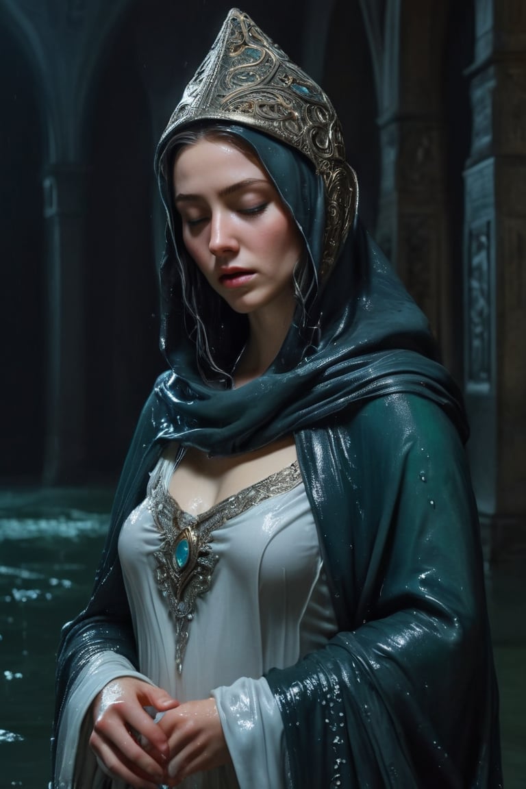 3D artwork, upper body shot represesenting a female young caracter. High elven hat shaped as a white seashell, mantle, shining silver jewels. (Majestic pose:1.4), (hieratic expression:1.6), emerging from the darkness in the style of Rembrandt. The caracter wears a white and (teal:0.8) large luxury dress. The character is illuminated from the side by a dark golden light. Marine vibes. Vibrant colors. The background is a black gothic cathedral interior dimly lit by moonlight. UHD, high resolution, 8k, (wet clothes, wet hair, wet, wet face, wet skin, 1girl, making out, in water, draped in shawl : 1.2),soakingwetclothes