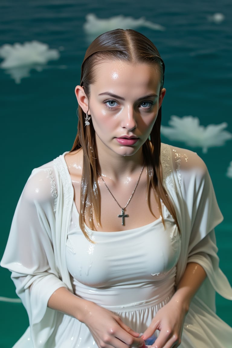 (Wet clothes,  wet hair,  wet skin:1.2) .

a medium-angle shot captures a woman in a white communion  dress with wet embroidery shawl, adorned with a cross necklace and earrings. The woman's wet dress is adorned with white gloves, adding a touch of touch to her outfit. Her wet hair is pulled back, cascading over her shoulders, framing her face. Her eyes are a deep blue, and her lips are pursed. The backdrop is a deep, blue-green, with a few white clouds floating in the water.

nt.,Wet,covered in oil,covered in mud,wam,wet clothes,pouring oil,wetlook,pouring oil,Fetishwet,Enhanced all,Wetfetish