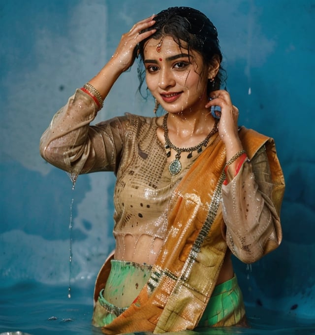 a woman in a sari with a necklace on her neck, a character portrait by Manjit Bawa, behance contest winner, bengal school of art, smile, happy, studio portrait, maximalist, studio photography,
, featured on instagram, samikshavad, elegant, rich color palette, 1920s

  ((wet clothes, wet hair, bathing in water, face focused, skin pores, long sleeve blouse, saree , detail face, )),wet hair,girl wearing indian saree,aliabhatt,SoakingWetClothes