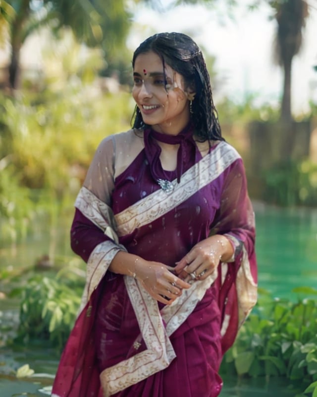 a woman in a sari with a necklace on her neck, a character portrait by Manjit Bawa, behance contest winner, bengal school of art, smile, happy, studio portrait, maximalist, studio photography,
, featured on instagram, samikshavad, elegant, rich color palette, 1920s

  ((wet clothes, wet hair, bathing in water, face focused, skin pores, long sleeve blouse, saree , detail face, )),wet hair,girl wearing indian saree,aliabhatt,SoakingWetClothes