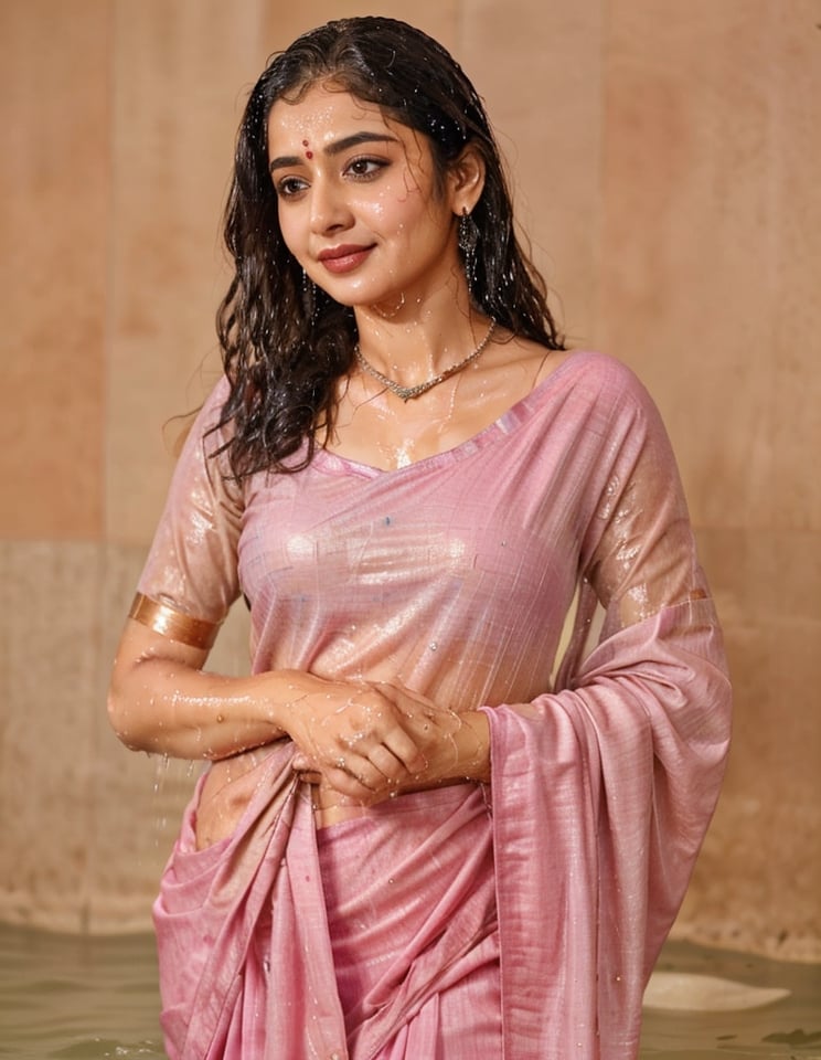 a woman in a sari with a necklace on her neck, a character portrait by Manjit Bawa, behance contest winner, bengal school of art, smile, happy, studio portrait, maximalist, studio photography,
, featured on instagram, samikshavad, elegant, rich color palette, 1920s

  ((wet clothes, wet hair, bathing in water, face focused, skin pores, long sleeve blouse, saree , detail face, )),wet hair,girl wearing indian saree,aliabhatt,SoakingWetClothes