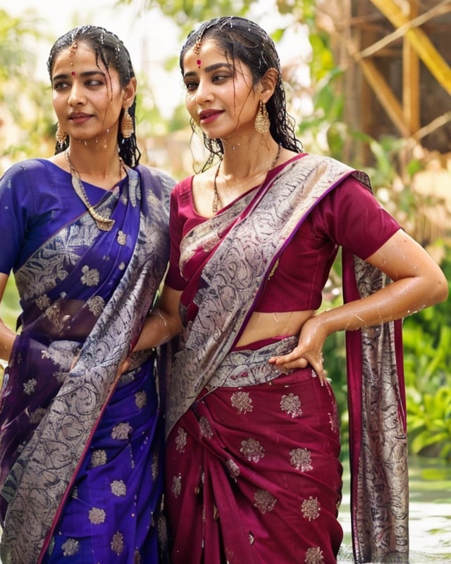 a woman in a sari with a necklace on her neck, a character portrait by Manjit Bawa, behance contest winner, bengal school of art, smile, happy, studio portrait, maximalist, studio photography,
, featured on instagram, samikshavad, elegant, rich color palette, 1920s

  ((wet clothes, wet hair, bathing in water, face focused, skin pores, blouse, saree , detail face, )),wet hair,girl wearing indian saree,aliabhatt,SoakingWetClothes