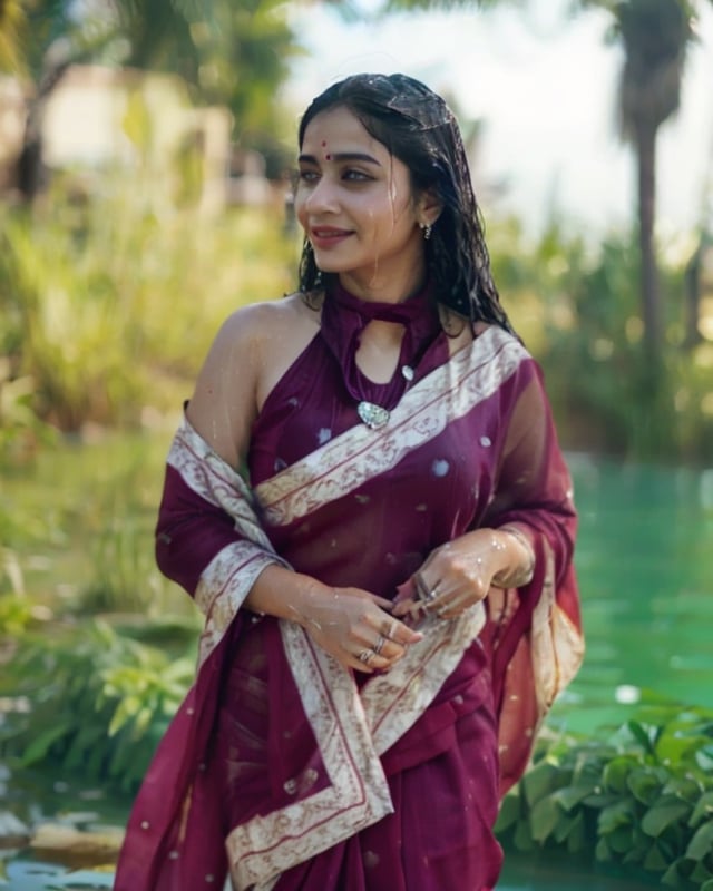 a woman in a sari with a necklace on her neck, a character portrait by Manjit Bawa, behance contest winner, bengal school of art, smile, happy, studio portrait, maximalist, studio photography,
, featured on instagram, samikshavad, elegant, rich color palette, 1920s

  ((wet clothes, wet hair, bathing in water, face focused, skin pores, long sleeve blouse, saree , detail face, )),wet hair,girl wearing indian saree,aliabhatt,SoakingWetClothes