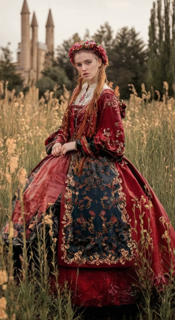 An concept art of an ethereal wet irish alchemist , portrait of a beautiful woman. .A wet girl wearing a wet floral bridalgown, a flowered hat, long wet mediaval cape. Capturing the essence of Manet's 'Spring', dripping wet hair, ,Masterpiece,white tiled background,, wet skin, wet face, wet heavy longskirt, boots,  .
(masterpiece, top quality, best quality, official art, beautiful and aesthetic:1.2), extreme detailed, highest detailed, ,Masterpiece,Color Booster,wet hair, wet heavy longskirt, boots, wet robe, layered longskirt, face focused
,soakingwetclothes,art_booster,wagasa,oil-paper,score_9,oil paint 