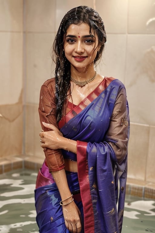 a woman in a sari with a necklace on her neck, a character portrait by Manjit Bawa, behance contest winner, bengal school of art, smile, happy, studio portrait, maximalist, studio photography,
, featured on instagram, samikshavad, elegant, rich color palette, 1920s

  ((wet clothes, wet hair, bathing in water, face focused, skin pores, long sleeve blouse, saree , detail face, )),wet hair,girl wearing indian saree,aliabhatt,SoakingWetClothes