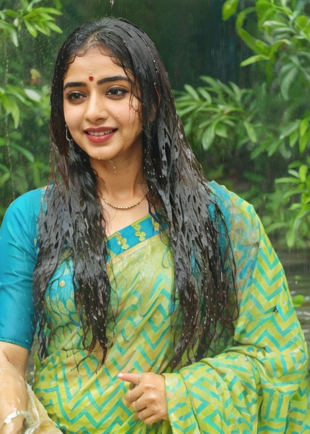 a woman in a sari with a necklace on her neck, a character portrait by Manjit Bawa, behance contest winner, bengal school of art, smile, happy, studio portrait, maximalist, studio photography,
, featured on instagram, samikshavad, elegant, rich color palette, 1920s

  ((wet clothes, wet hair, bathing in water, face focused, skin pores, long sleeve blouse, saree , detail face, heavy rain, )),wet hair,girl wearing indian saree,aliabhatt,SoakingWetClothes