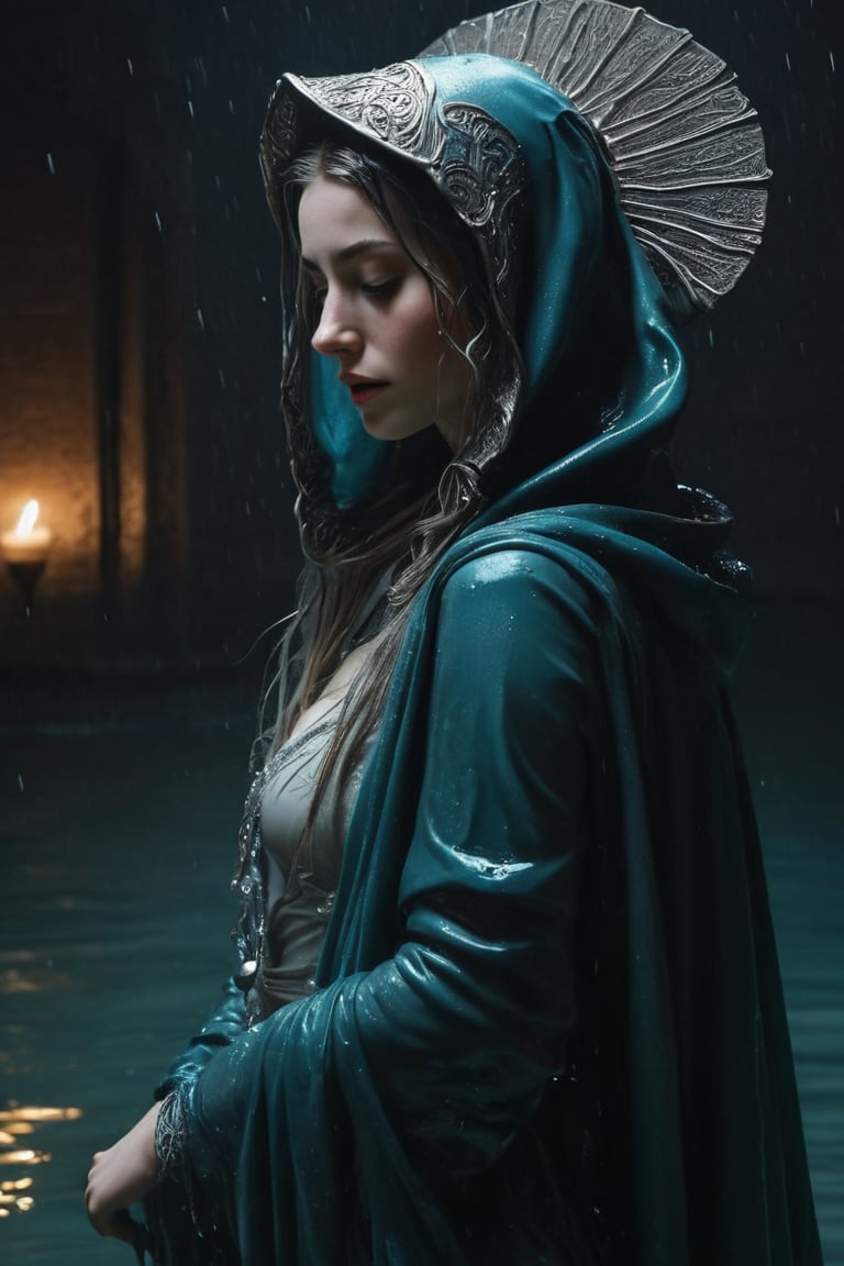 3D artwork, upper body shot represesenting a female young caracter. High elven hat shaped as a white seashell, mantle, shining silver jewels. (Majestic pose:1.4), (hieratic expression:1.6), emerging from the darkness in the style of Rembrandt. The caracter wears a white and (teal:0.8) large luxury dress. The character is illuminated from the side by a dark golden light. Marine vibes. Vibrant colors. The background is a black gothic cathedral interior dimly lit by moonlight. UHD, high resolution, 8k, (wet clothes, wet hair, wet, wet face, wet skin, 1girl, making out, in water, draped in shawl : 1.2),soakingwetclothes