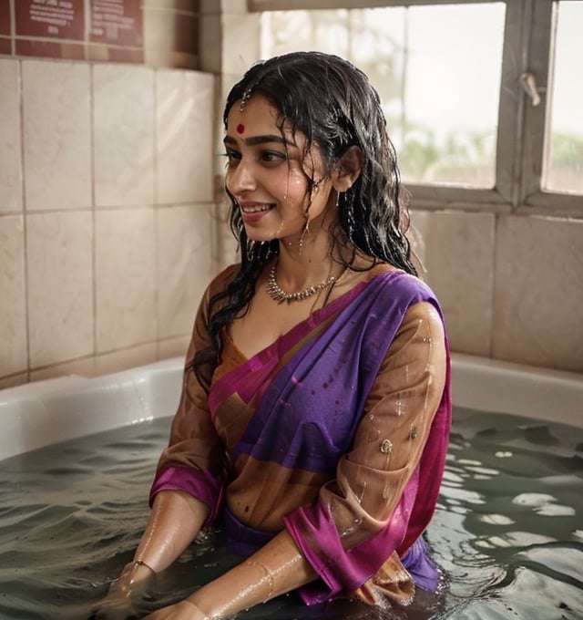 a woman in a sari with a necklace on her neck, a character portrait by Manjit Bawa, behance contest winner, bengal school of art, smile, happy, studio portrait, maximalist, studio photography,
, featured on instagram, samikshavad, elegant, rich color palette, 1920s

  ((wet clothes, wet hair, bathing in water, face focused, skin pores, long sleeve blouse, saree , detail face, )),wet hair,girl wearing indian saree,aliabhatt,SoakingWetClothes