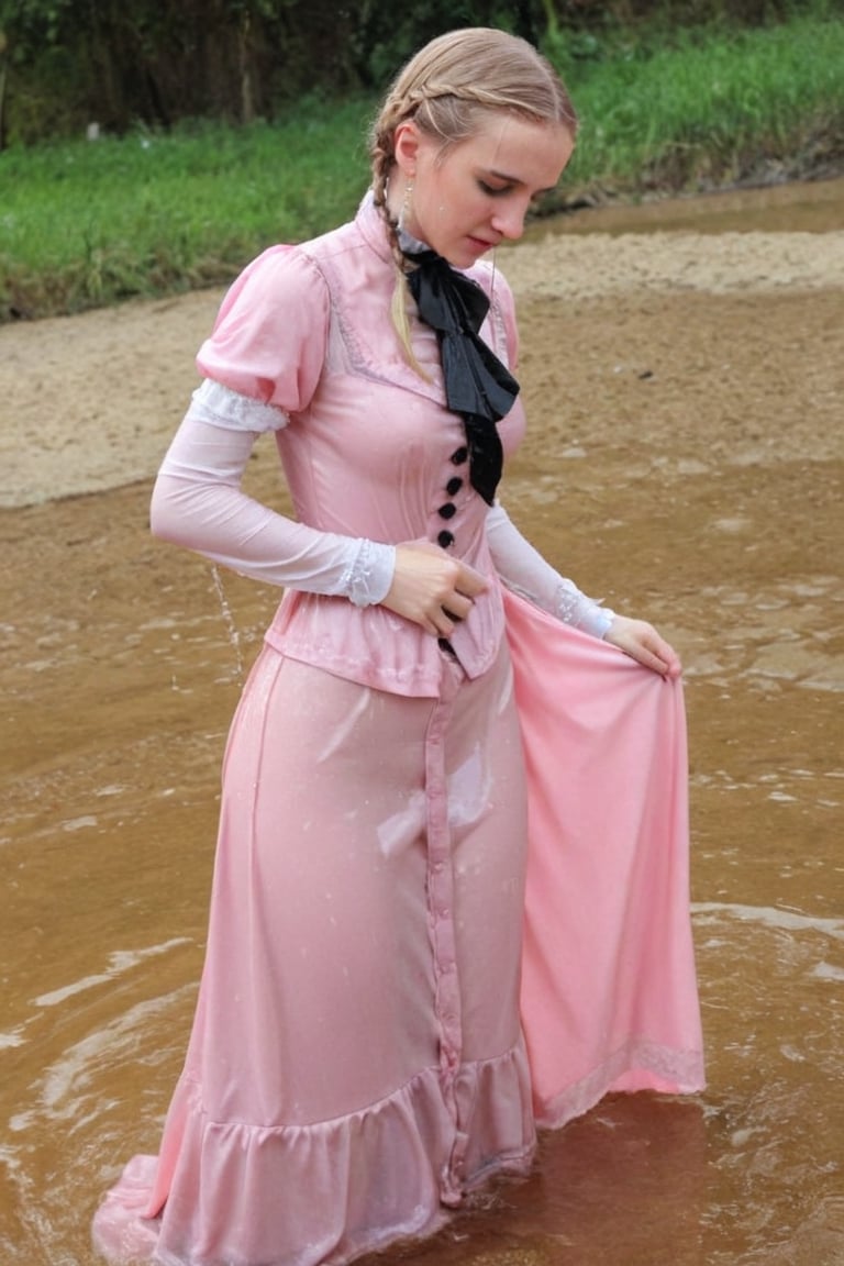 Dripping wet, blonde, braided hair,victorian dress,soakingwetclothes