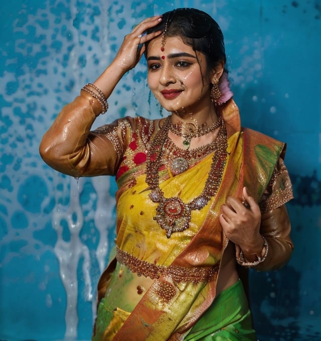 a woman in a sari with a necklace on her neck, a character portrait by Manjit Bawa, behance contest winner, bengal school of art, smile, happy, studio portrait, maximalist, studio photography,
, featured on instagram, samikshavad, elegant, rich color palette, 1920s

  ((wet clothes, wet hair, bathing in water, face focused, skin pores, long sleeve blouse, saree , detail face, )),wet hair,girl wearing indian saree,aliabhatt,SoakingWetClothes