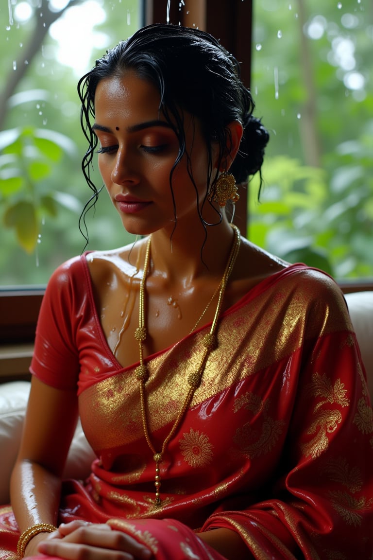 (wet clothes, wet hair, wet, wet face, wet skin, slimy hair , slimy saree, smily skin,wet slimed clothes cling to skin, slime shiny : 1.4 ) A soaking wet woman, adorned in traditional attire, sitting indoor amidst living room. She is wrapped in a very very wet soaked richly patterned, saree with intricate golden motifs. The saree has geometric designs, floral patterns, and other detailed artwork. The woman is also wearing a gold necklace, and her soaked hair is neatly tied up in a bun. Long sleeve . The background consists of trees and foliage, suggesting a serene and natural setting. Her hair skin clothes are wet . She has shampoo on her hair and soap all over her body. natural, volumetric lighting, 4K, RAW, masterpiece
 , , oil cascading clothes and skin, close-up portrait, white tiles background
.
, soakingwetclothes, wet clothes, wet hair, Visual Anime,art_booster,anime_screencap,fake_screenshot,anime coloring,Wet,covered in oil,covered in mud,wam,pouring oil,wetlook,pouring oil,Fetishwet