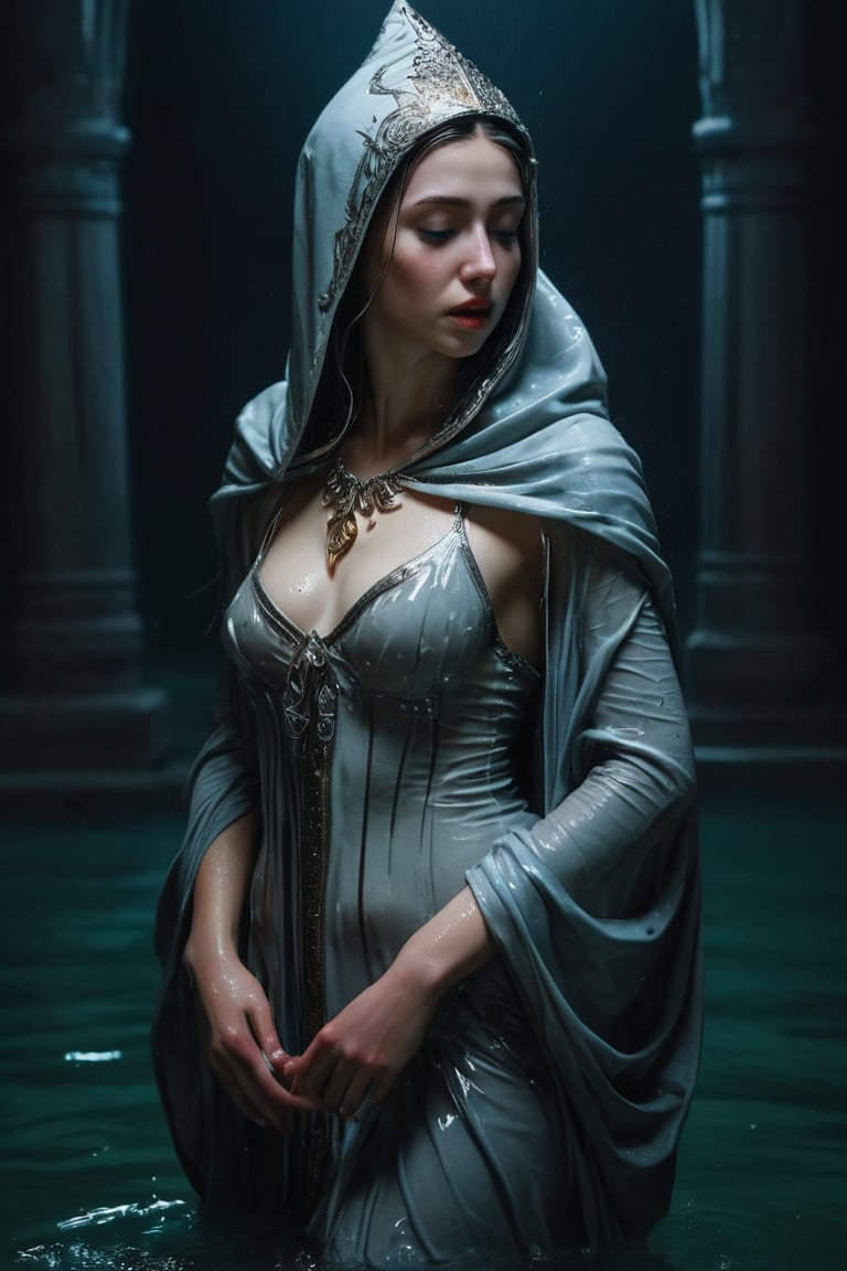 3D artwork, upper body shot represesenting a female young caracter. High elven hat shaped as a white seashell, mantle, shining silver jewels. (Majestic pose:1.4), (hieratic expression:1.6), emerging from the darkness in the style of Rembrandt. The caracter wears a white and (teal:0.8) large luxury dress. The character is illuminated from the side by a dark golden light. Marine vibes. Vibrant colors. The background is a black gothic cathedral interior dimly lit by moonlight. UHD, high resolution, 8k, (wet clothes, wet hair, wet, wet face, wet skin, 1girl, making out, in water, draped in shawl : 1.2),soakingwetclothes