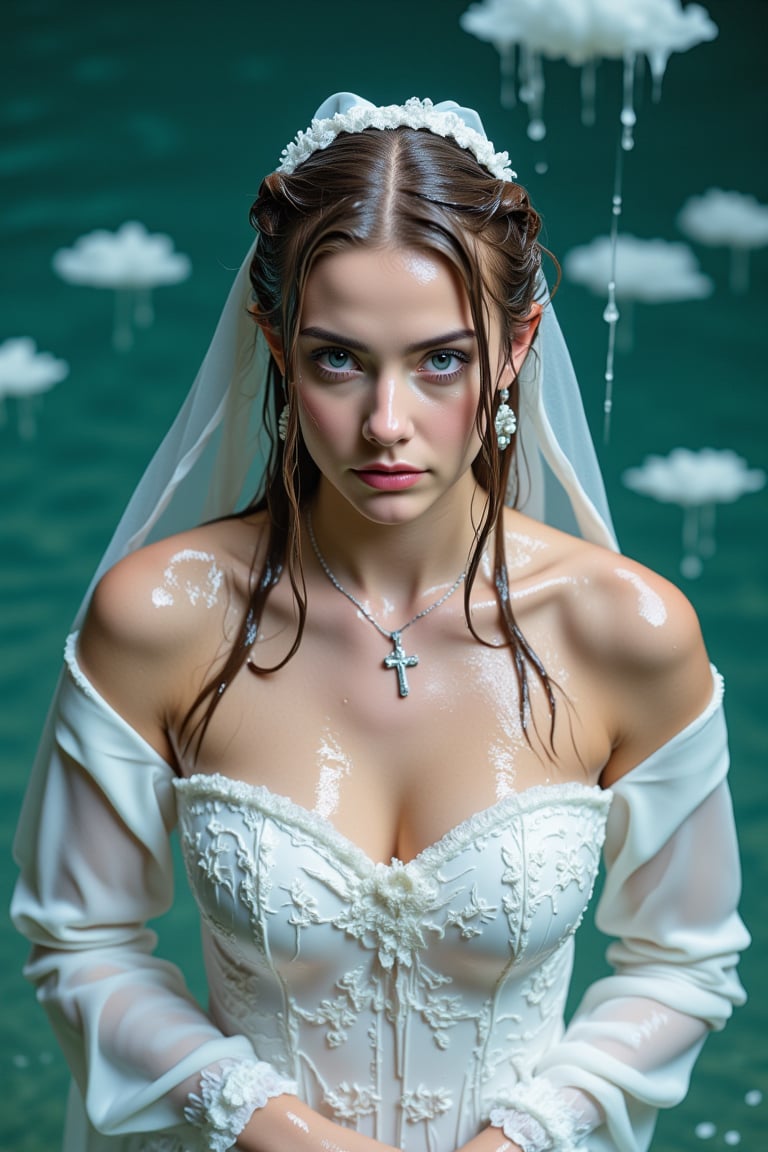 (Wet clothes,  wet hair,  wet skin:14) .

a medium-angle shot captures a woman in a white communion  dress with wet embroidery shawl, adorned with a cross necklace and earrings. The woman's wet dress is adorned with white gloves, adding a touch of touch to her outfit. Her wet hair is pulled back, cascading over her shoulders, framing her face. Her eyes are a deep blue, and her lips are pursed. The backdrop is a deep, blue-green, with a few white clouds floating in the water.

nt.,Wet,covered in oil,covered in mud,wam,wet clothes,pouring oil,wetlook,pouring oil,Fetishwet,Enhanced all,Wetfetish