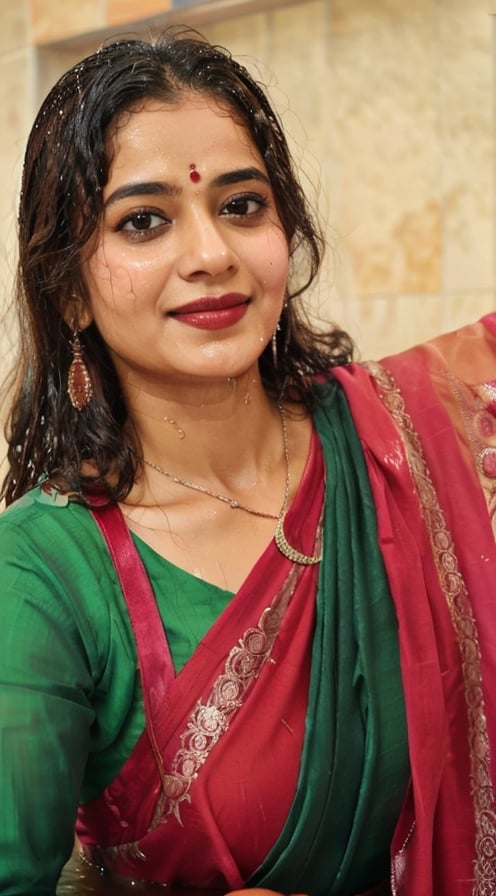 a woman in a sari with a necklace on her neck, a character portrait by Manjit Bawa, behance contest winner, bengal school of art, smile, happy, studio portrait, maximalist, studio photography,
, featured on instagram, samikshavad, elegant, rich color palette, 1920s

  ((wet clothes, wet hair, bathing in water, face focused, skin pores, long sleeve blouse, saree , detail face, )),wet hair,girl wearing indian saree,aliabhatt,SoakingWetClothes