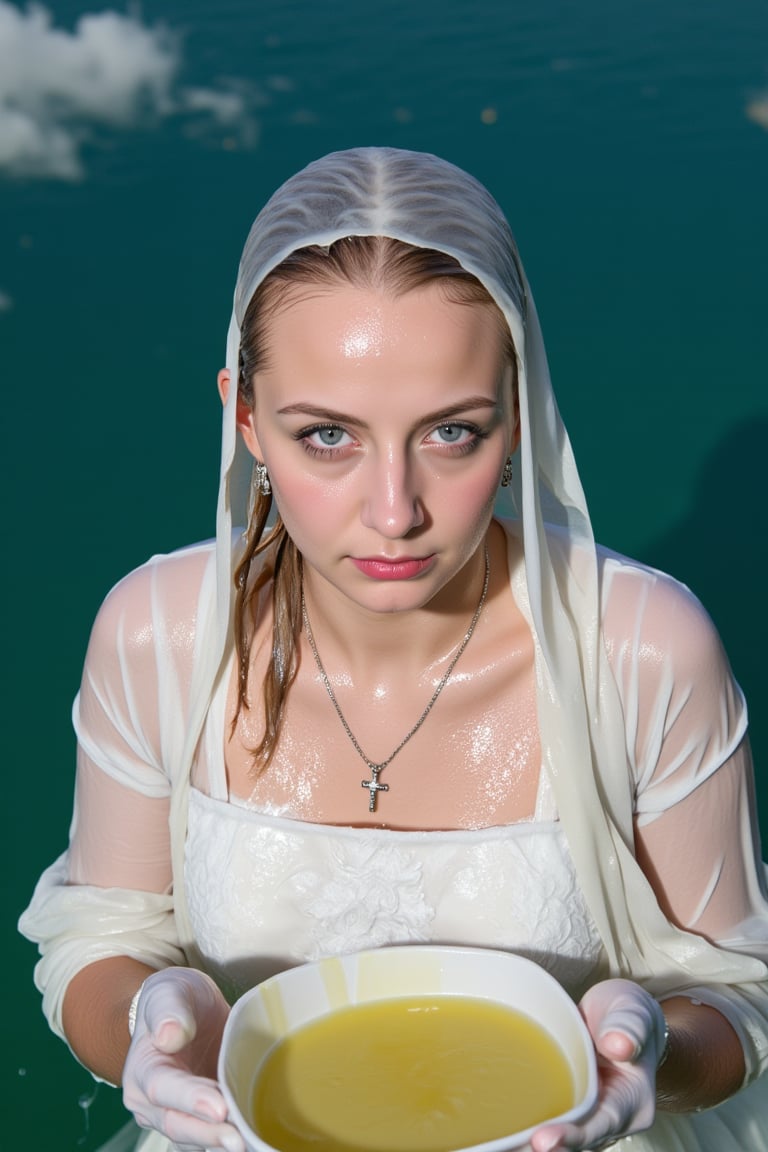 (Wet clothes,  wet hair,  wet skin:1.2) .

a medium-angle shot captures a woman in a white communion  dress with wet embroidery shawl, adorned with a cross necklace and earrings. The woman's wet dress is adorned with white gloves, adding a touch of touch to her outfit. Her wet hair is pulled back, cascading over her shoulders, framing her face. Her eyes are a deep blue, and her lips are pursed. The backdrop is a deep, blue-green, with a few white clouds floating in the water.

nt.,Wet,covered in oil,covered in mud,wam,wet clothes,pouring oil,wetlook,pouring oil,Fetishwet,Enhanced all,Wetfetish