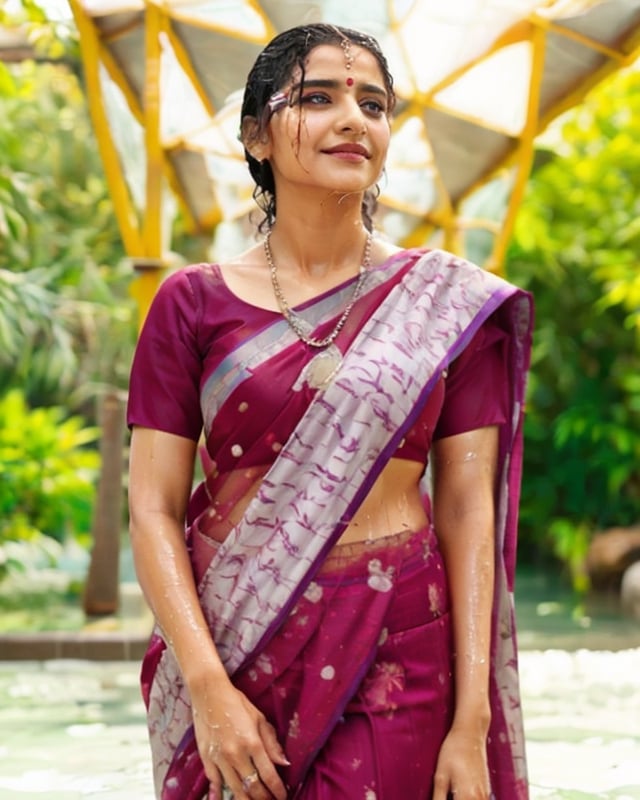 a woman in a sari with a necklace on her neck, a character portrait by Manjit Bawa, behance contest winner, bengal school of art, smile, happy, studio portrait, maximalist, studio photography,
, featured on instagram, samikshavad, elegant, rich color palette, 1920s

  ((wet clothes, wet hair, bathing in water, face focused, skin pores, long sleeve blouse, saree , detail face, )),wet hair,girl wearing indian saree,aliabhatt,SoakingWetClothes